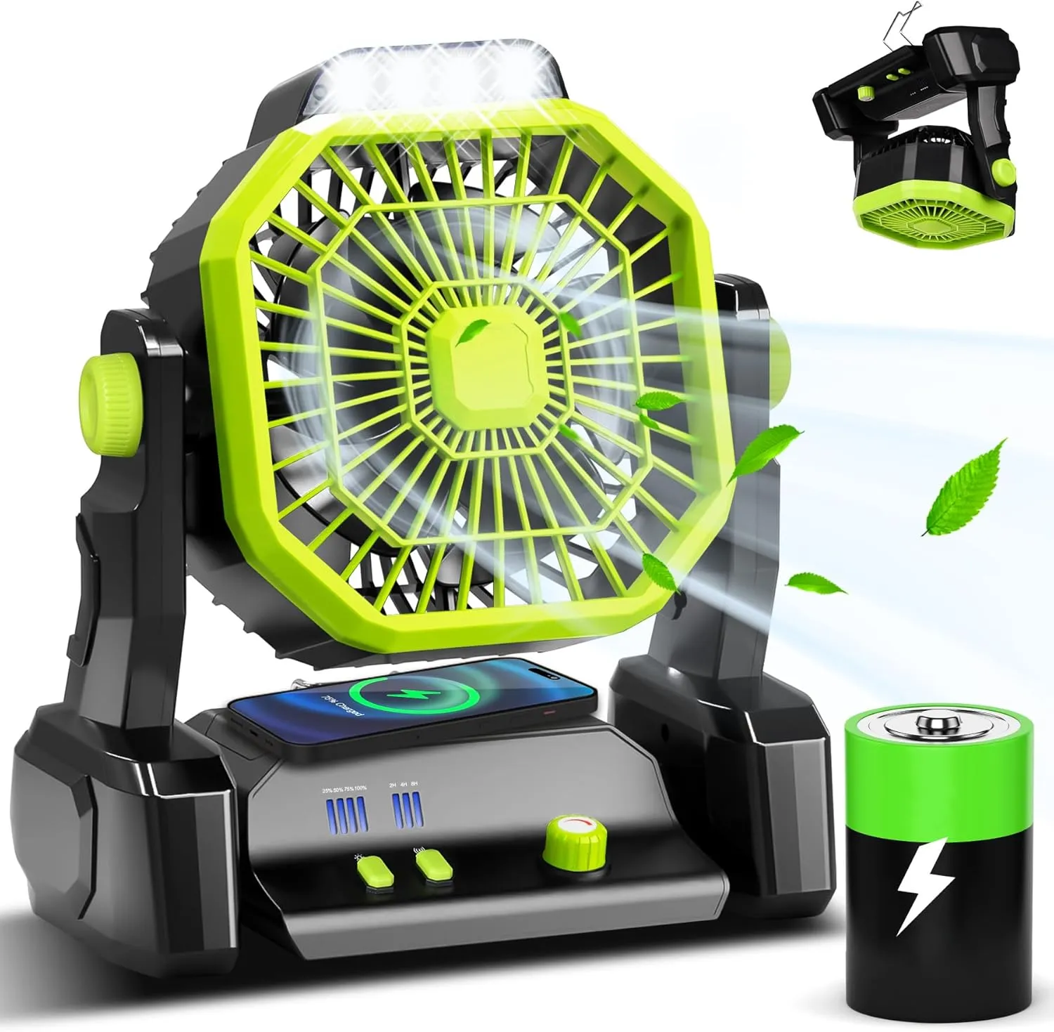 CONBOLA Portable Rechargeable Camping Tent Fan, LED Lantern, 20000mAh Battery - Operated Outdoor Fan with Hook, 270° Rotation, Small Quiet USB Cooling for Travel, Fishing