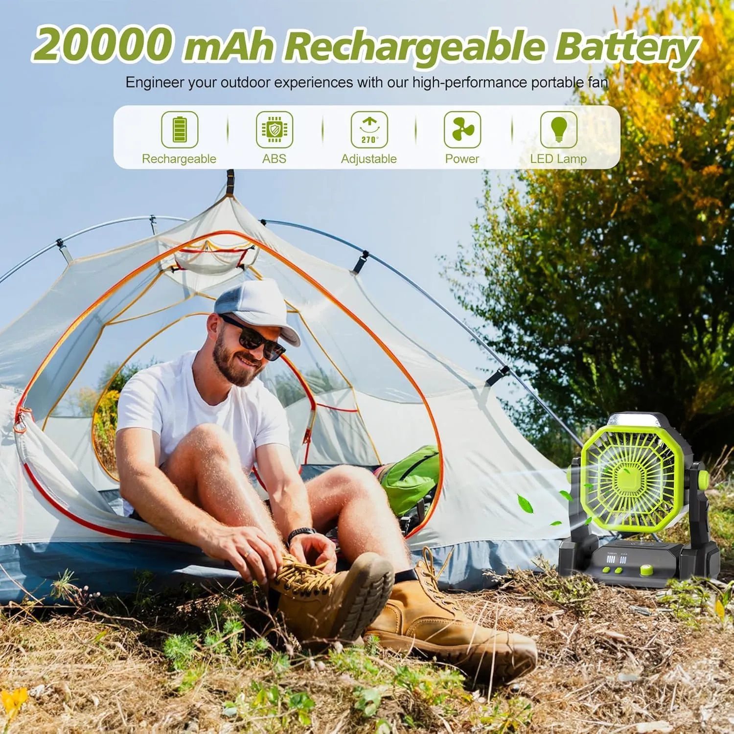 CONBOLA Portable Rechargeable Camping Tent Fan, LED Lantern, 20000mAh Battery - Operated Outdoor Fan with Hook, 270° Rotation, Small Quiet USB Cooling for Travel, Fishing