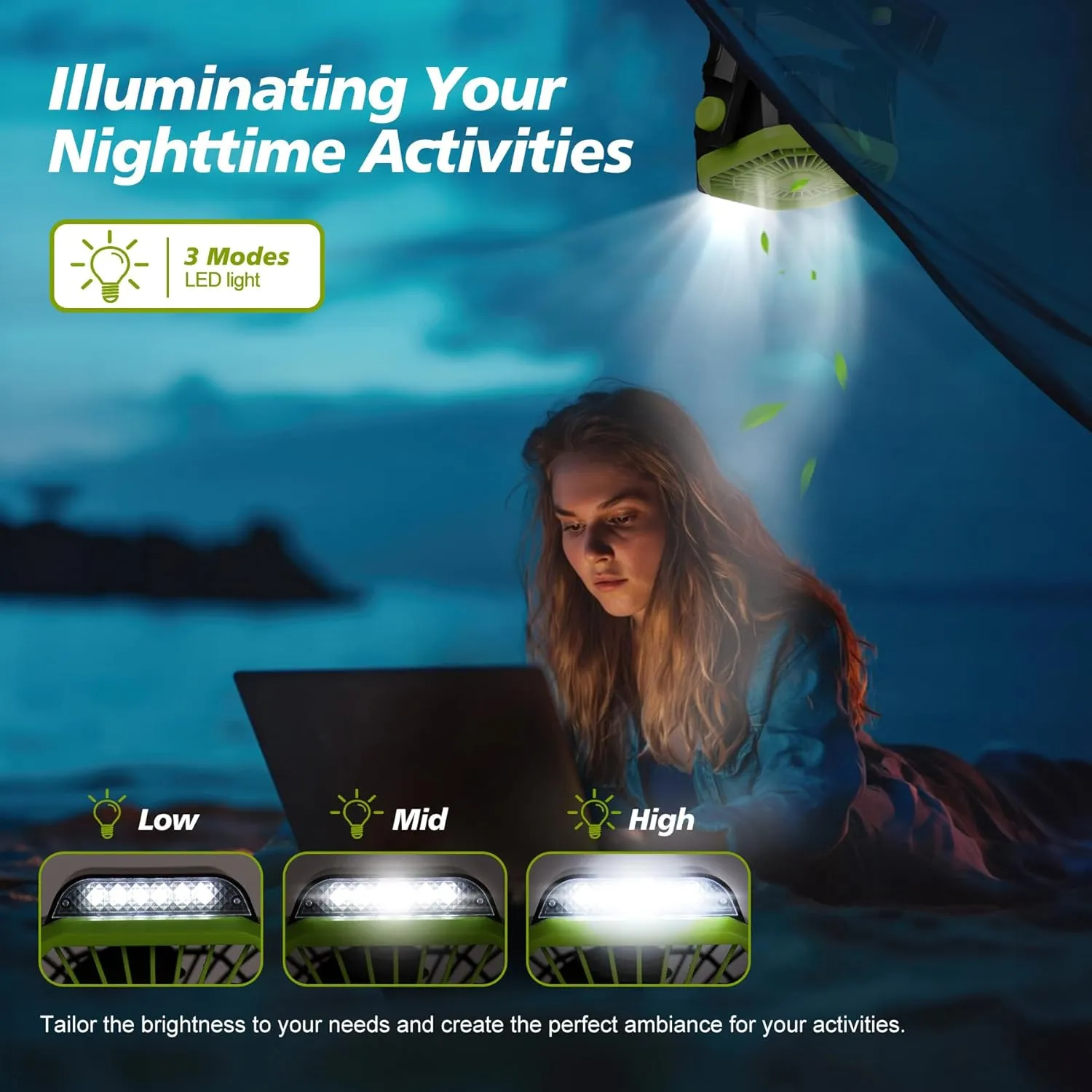 CONBOLA Portable Rechargeable Camping Tent Fan, LED Lantern, 20000mAh Battery - Operated Outdoor Fan with Hook, 270° Rotation, Small Quiet USB Cooling for Travel, Fishing