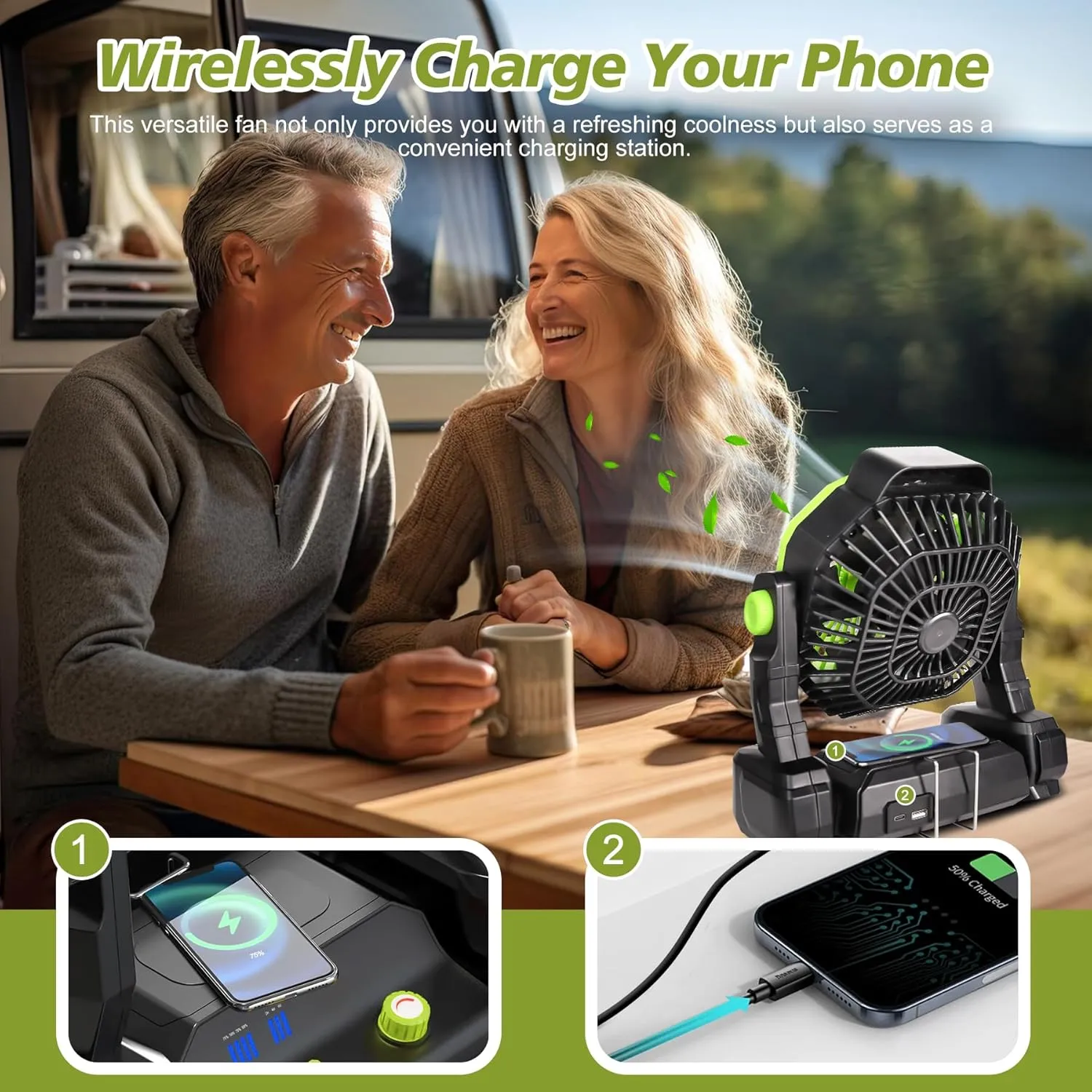 CONBOLA Portable Rechargeable Camping Tent Fan, LED Lantern, 20000mAh Battery - Operated Outdoor Fan with Hook, 270° Rotation, Small Quiet USB Cooling for Travel, Fishing