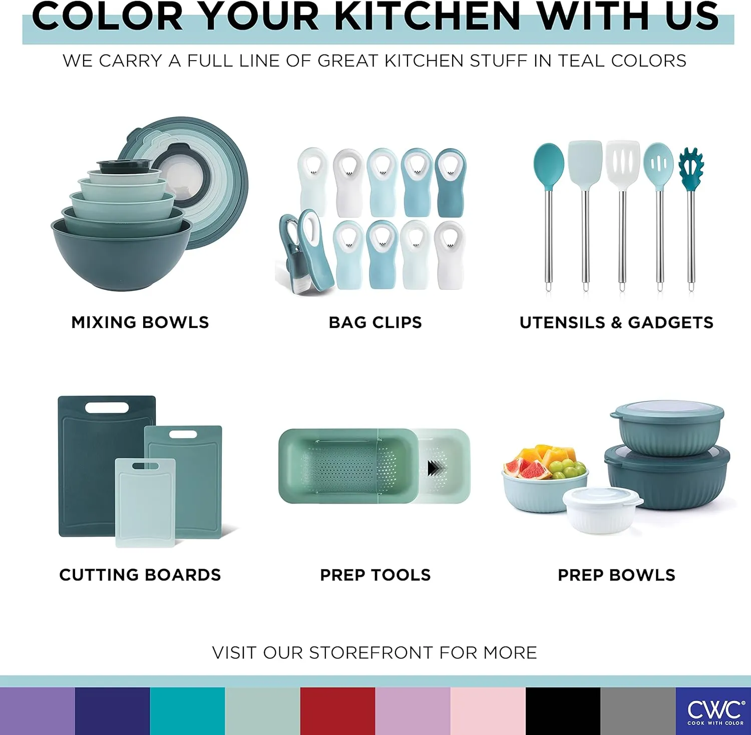 COOK WITH COLOR Silicone Cooking Utensils, Kitchen Utensil Set, Easy to Clean Silicone Kitchen Utensils, Cooking Utensils for Nonstick Cookware, Kitchen Gadgets Set, 10 Pieces, Teal