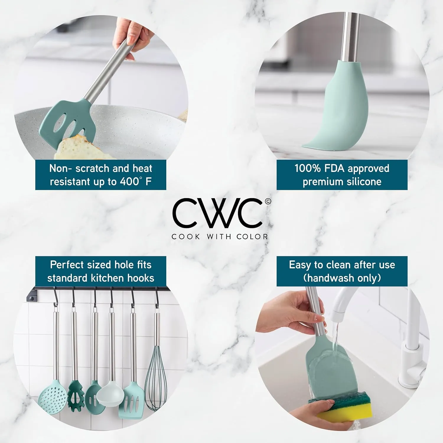 COOK WITH COLOR Silicone Cooking Utensils, Kitchen Utensil Set, Easy to Clean Silicone Kitchen Utensils, Cooking Utensils for Nonstick Cookware, Kitchen Gadgets Set, 10 Pieces, Teal