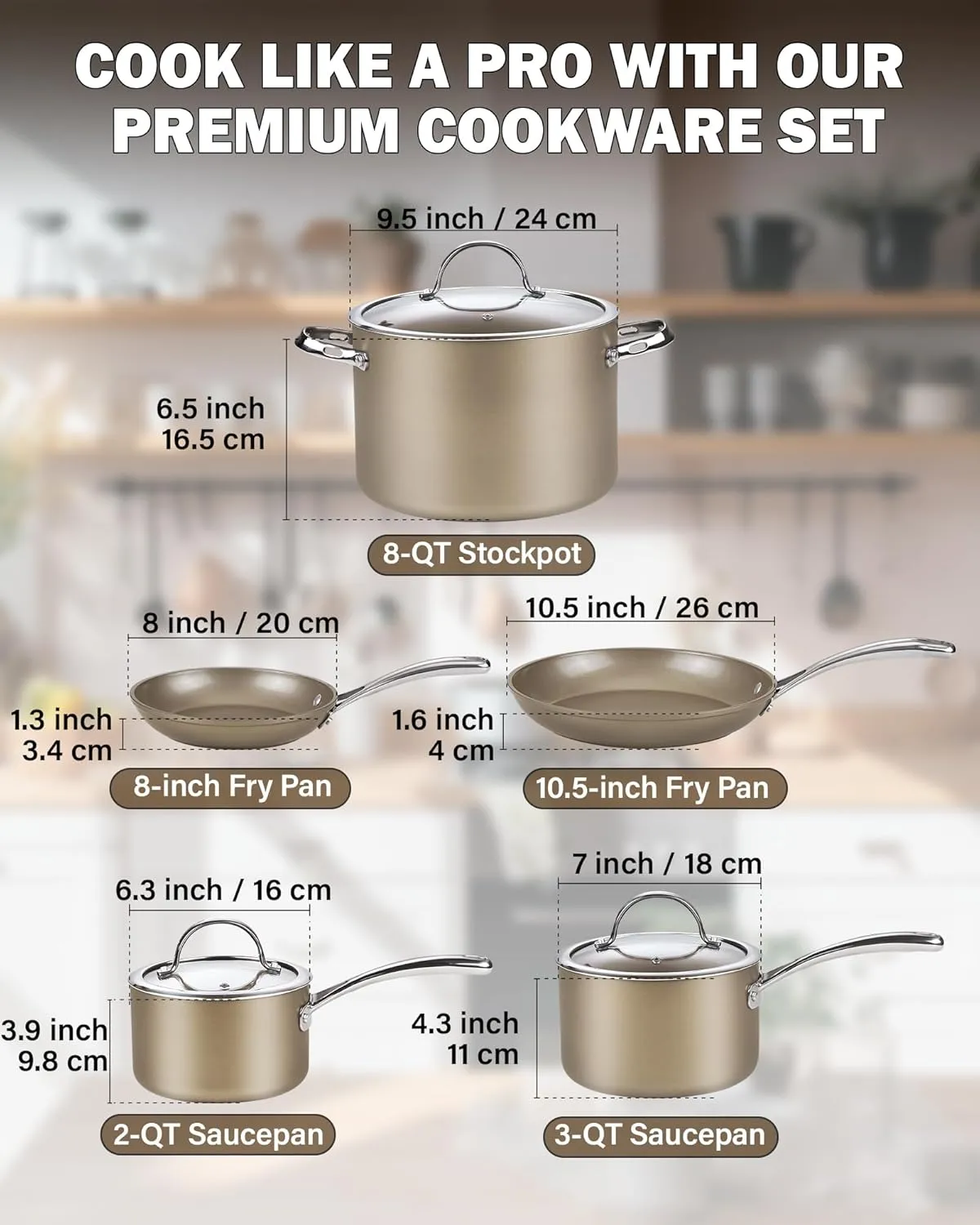Cooks Standard 8-Piece Kitchen Cookware Set, Hard Anodized Ceramic Nonstick Induction Pots and Pans Includes Saucepans, Stockpot with Lids, Frying Pans, Bronze