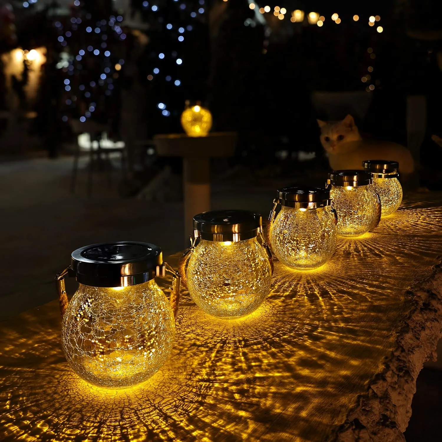Cooo 2 Pack Heavy Crackle Glass Solar Lantern with 215% Larger Solar Panel, Stainless Steel Lid– Waterproof Outdoor Tabletop Light with Warm White LED, Decorative Lighting for Garden Patio Table