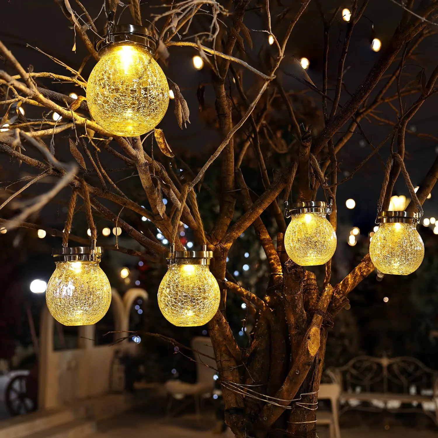 Cooo 2 Pack Heavy Crackle Glass Solar Lantern with 215% Larger Solar Panel, Stainless Steel Lid– Waterproof Outdoor Tabletop Light with Warm White LED, Decorative Lighting for Garden Patio Table