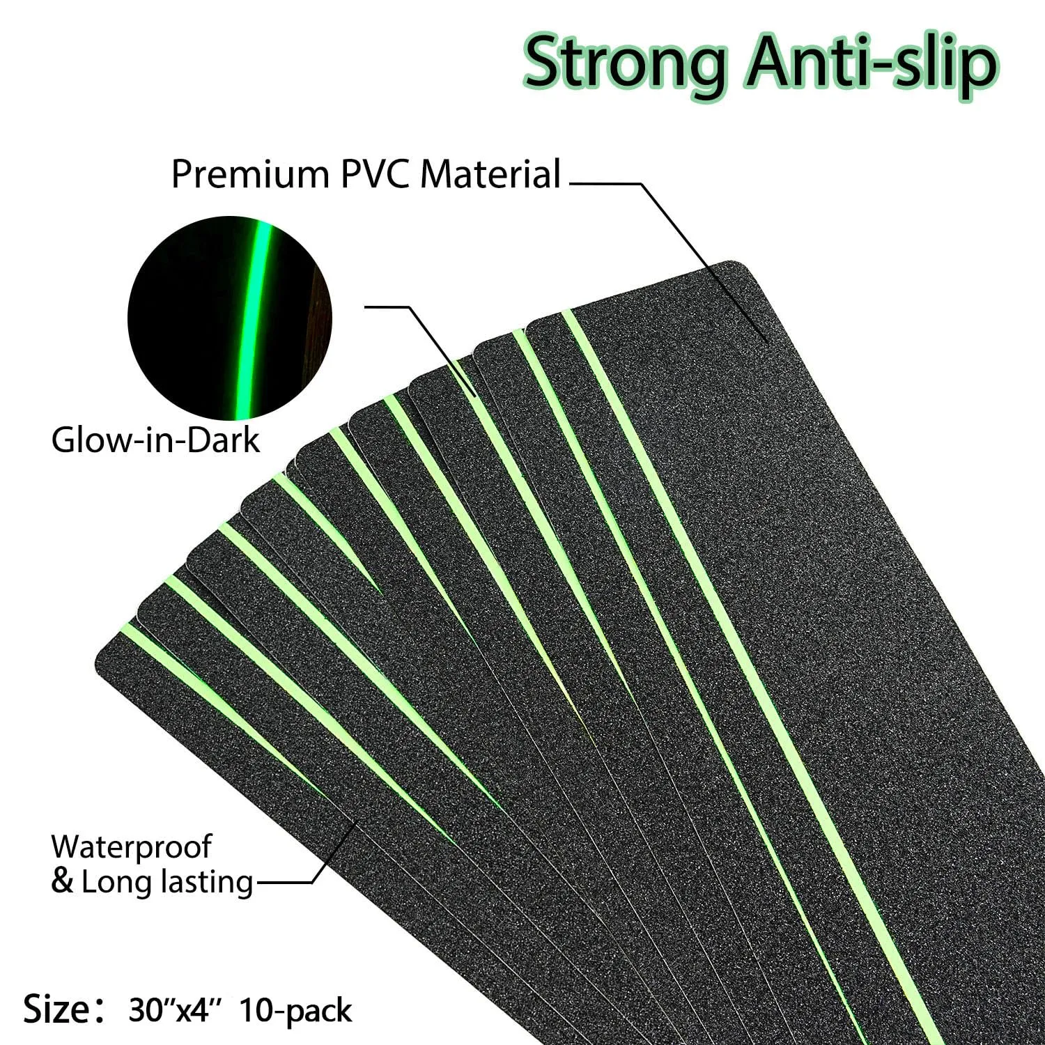 COSIMIXO 30" X 4"(10-Pack) Anti Slip Traction Treads with Glow in The Dark Stripe,Best Grip Tape Non Skid, Outdoor Anti-Skid Tape, High Traction Friction Abrasive Adhesive for Stairs Step