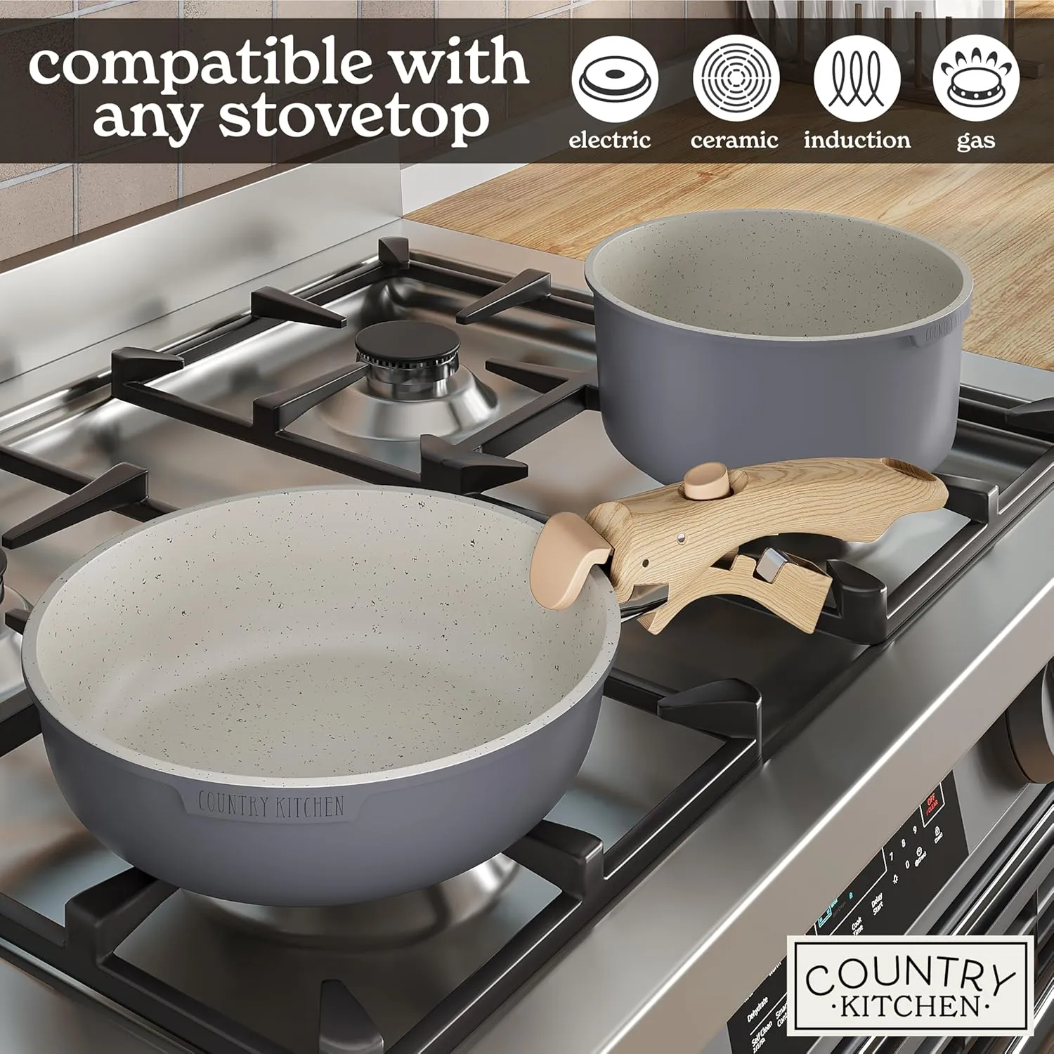 Country Kitchen Cookware Set with Removable Handle, Oven & RV Safe Pots and Pans Set, Grey/Ivory Wood Handle, Original
