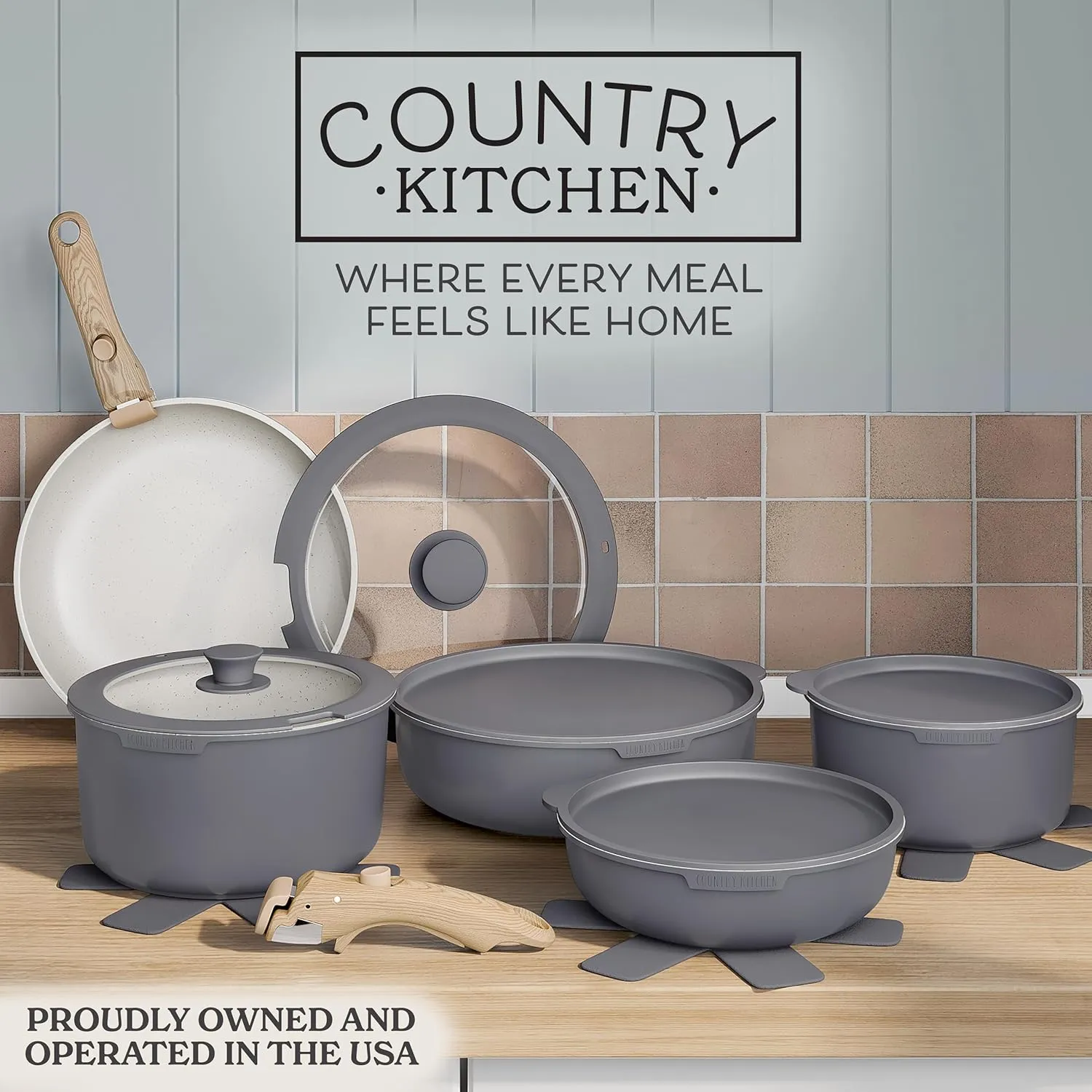 Country Kitchen Cookware Set with Removable Handle, Oven & RV Safe Pots and Pans Set, Grey/Ivory Wood Handle, Original