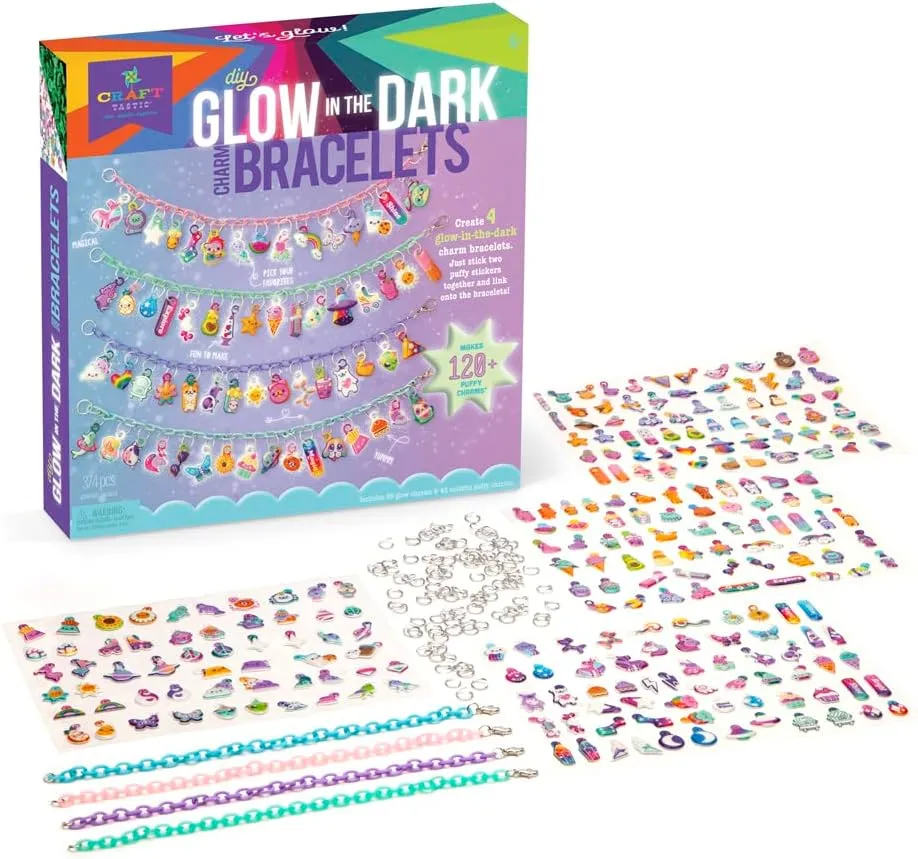 Craft-tastic DIY Glow in The Dark Charm Bracelets – Design 4 Customizable Bracelets with 120  Easy-to-Make Puffy Sticker Charms – Creative Arts & Crafts Gift – Jewelry Making Set for Kids - Ages 6 