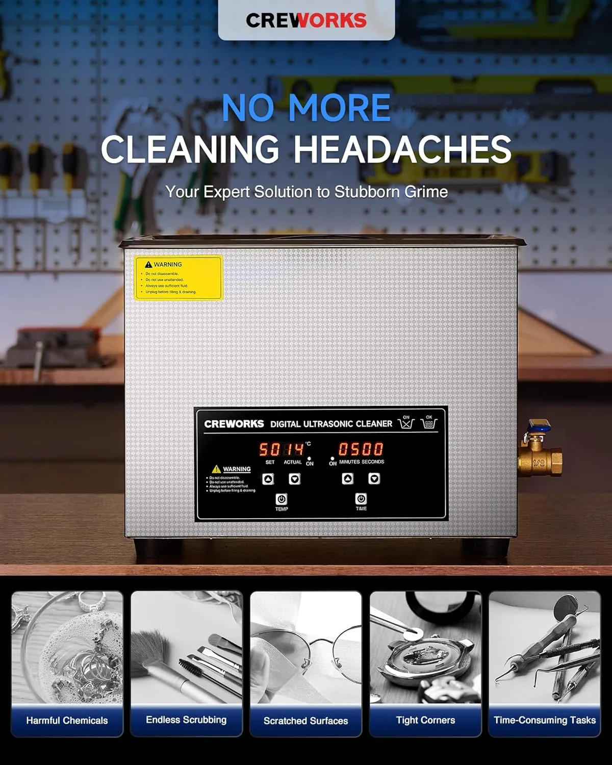 CREWORKS 360W 15L Stainless Steel Cleaning Machine, 4 gal Ultrasound Cleaner with Heater and Timer, Digital Sonic Cleaning Machine for Professional Jewelry Tool Watch Glasses Retainer Parts Cleaning