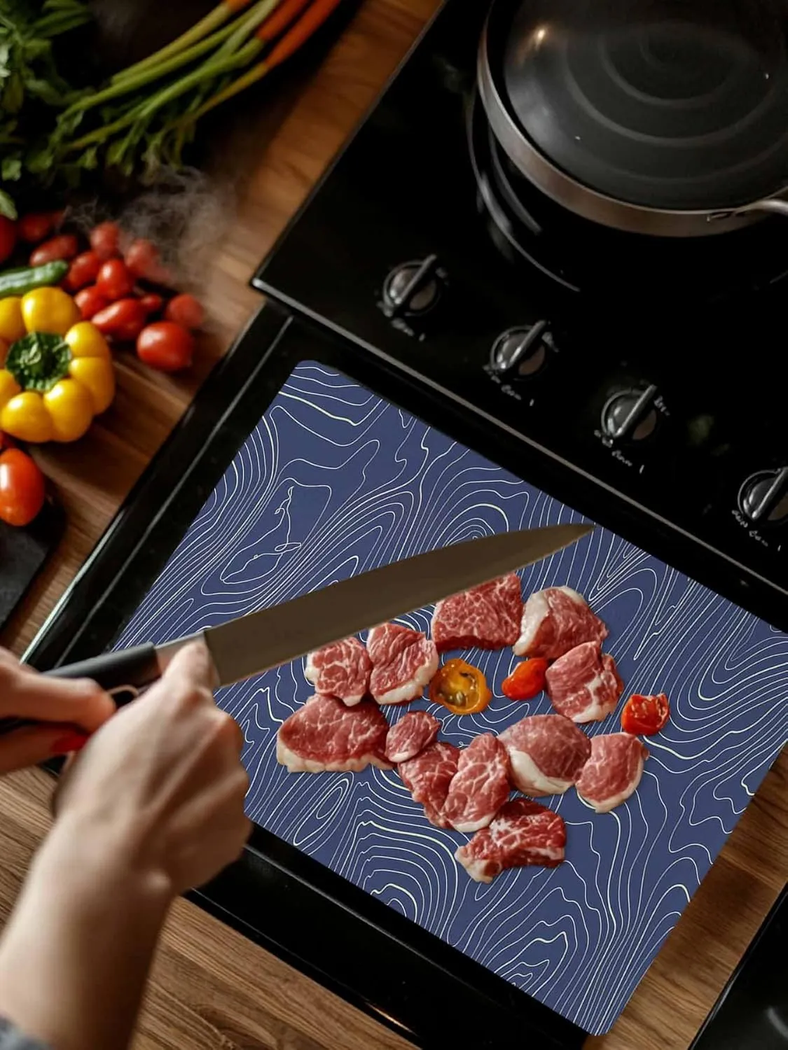 Cutting Board for Kitchen Abstract Style Purple Simple Line Mountain Range Dishwasher Safe Tempered Glass Cutting Boards Decorative Chopping Boards with Non Slip Feet for Counter Camping 7.9" x 11"