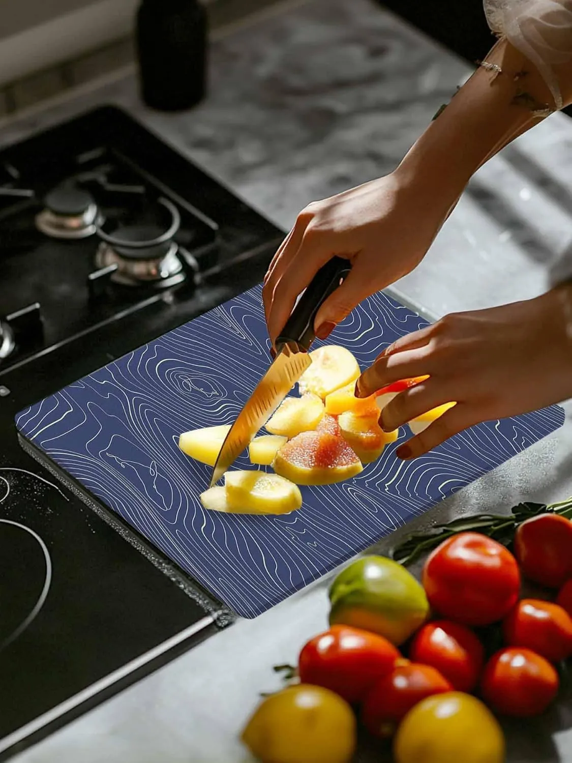 Cutting Board for Kitchen Abstract Style Purple Simple Line Mountain Range Dishwasher Safe Tempered Glass Cutting Boards Decorative Chopping Boards with Non Slip Feet for Counter Camping 7.9" x 11"
