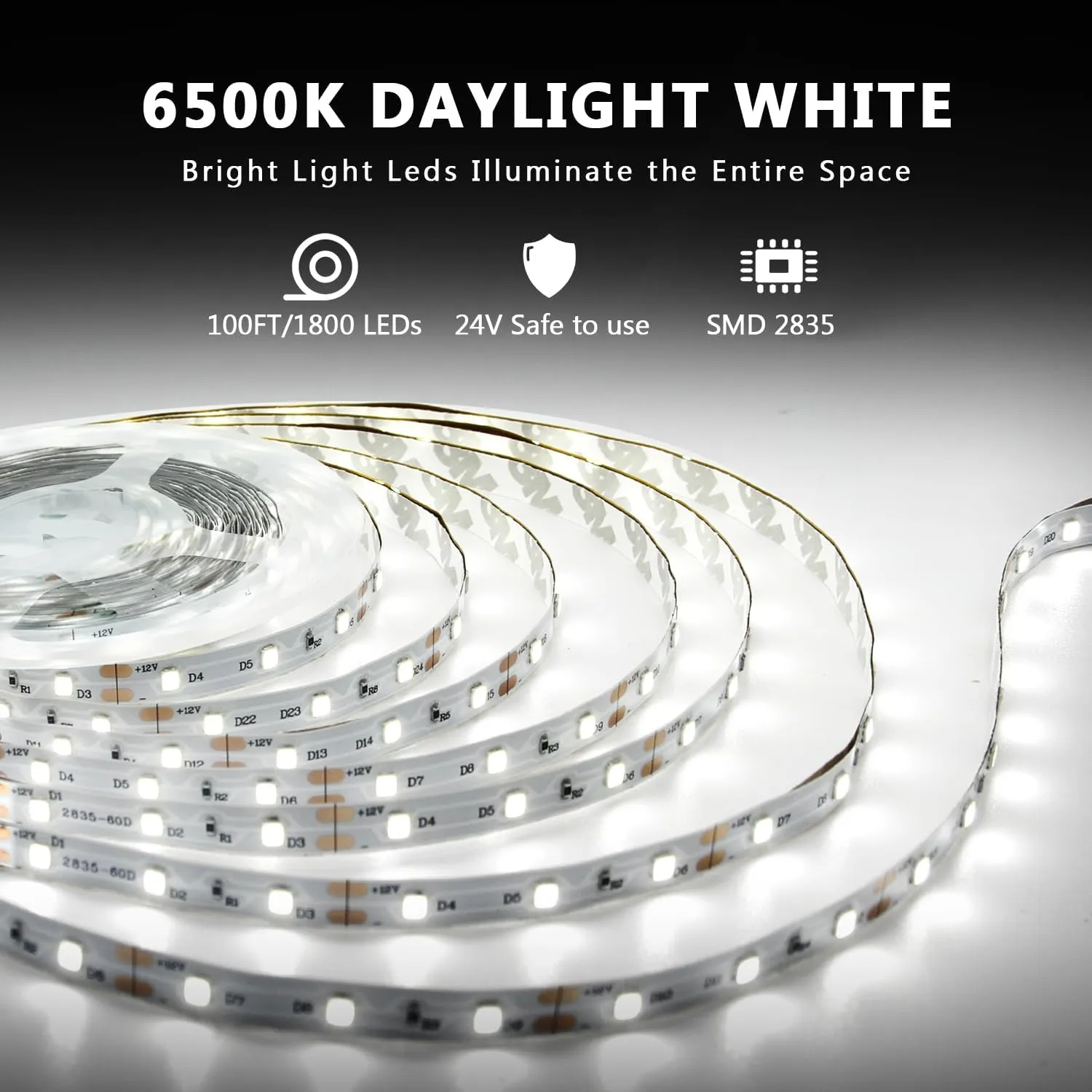 dalattin White LED Strip Lights 100ft, Dimmable Bright 24V Led Light Strip 6500K Daylight White 1800 LEDs Lights for Bedroom, Mirror, Kitchen, Strong Adhesive, 2 roll of 50ft