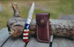 Damascus Folding Knife Pocket Knife Genuine Damascus American Flag Color