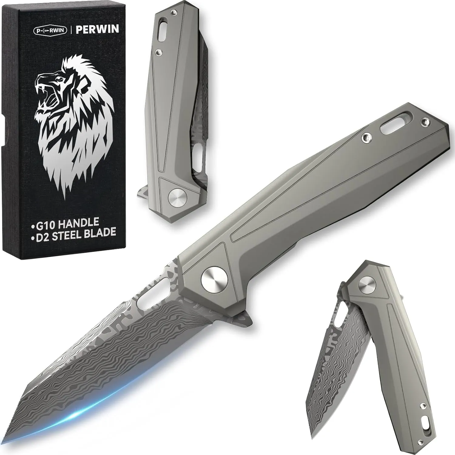Damascus Pocket Folding Knife for EDC, Small Mini Knife for Men Women, Tanto VG10 Core Damascus Steel Folding Knive with Ceramic Ball Bearing, TC4 Titanium Handle, Camping Hiking Knive