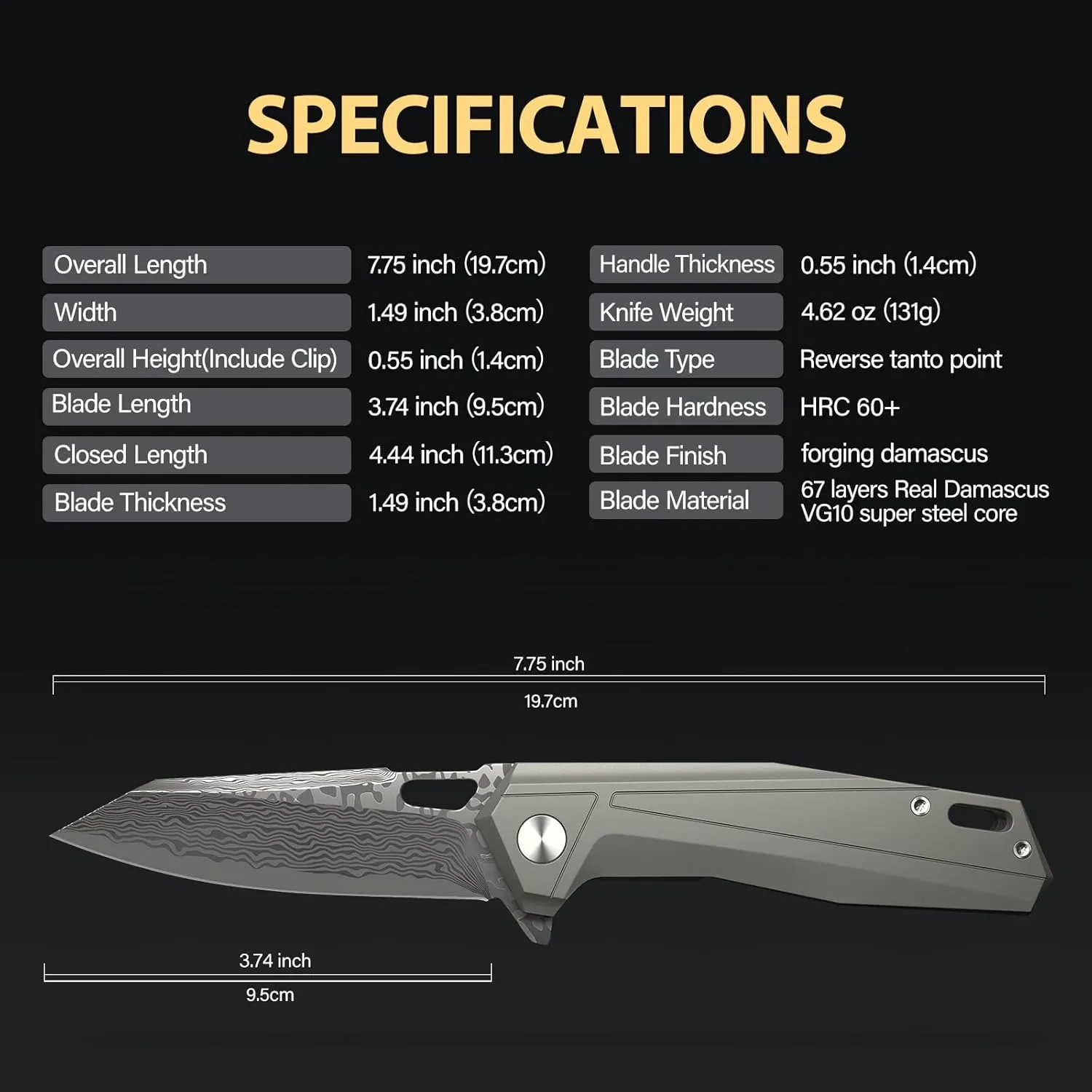 Damascus Pocket Folding Knife for EDC, Small Mini Knife for Men Women, Tanto VG10 Core Damascus Steel Folding Knive with Ceramic Ball Bearing, TC4 Titanium Handle, Camping Hiking Knive