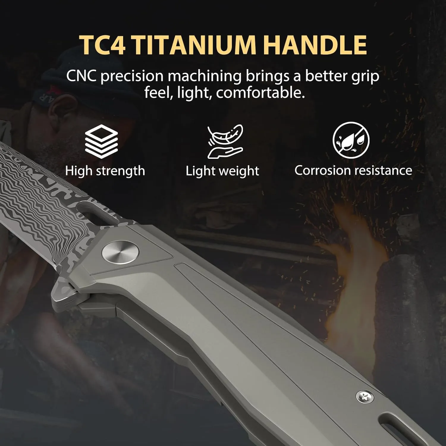 Damascus Pocket Folding Knife for EDC, Small Mini Knife for Men Women, Tanto VG10 Core Damascus Steel Folding Knive with Ceramic Ball Bearing, TC4 Titanium Handle, Camping Hiking Knive