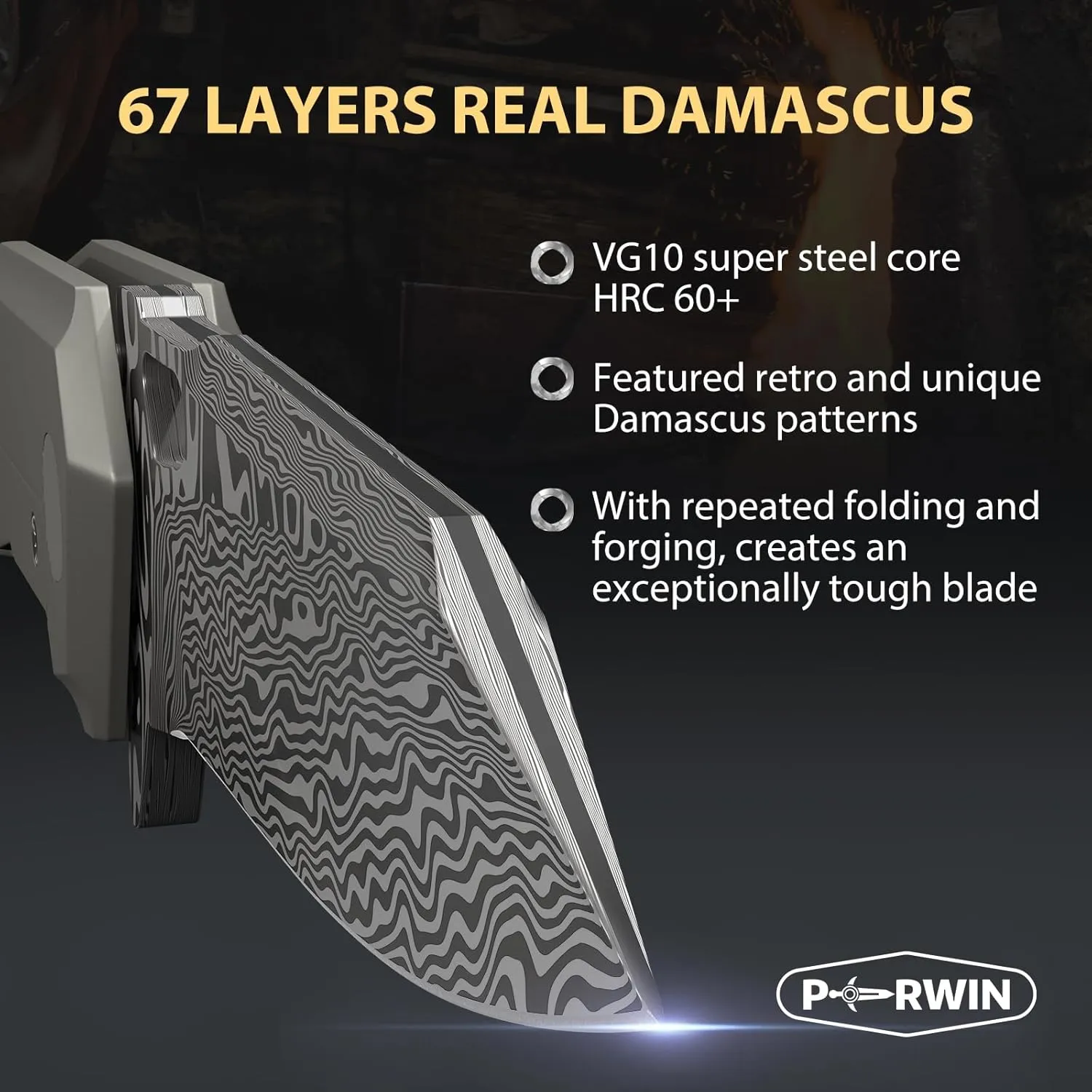 Damascus Pocket Folding Knife for EDC, Small Mini Knife for Men Women, Tanto VG10 Core Damascus Steel Folding Knive with Ceramic Ball Bearing, TC4 Titanium Handle, Camping Hiking Knive
