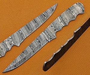 Damascus Steel Blank Blade 10.75 inches Long Hand Forged Straight Back Skinning Knife Blank Blade, Hunting Knife with 4 Pin Hole, 5.5 inches Cutting Edge, 4.5" Finger Serrated Scale Space