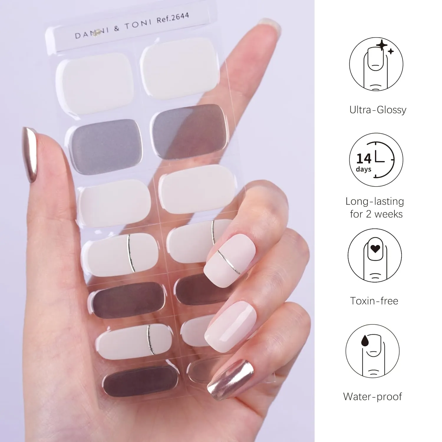 DANNI & TONI Semi Cured Gel Nail Strips Beige (Nude Glow) Gold Mirror Gel Nail Wraps Accent Nails 28 Stickers