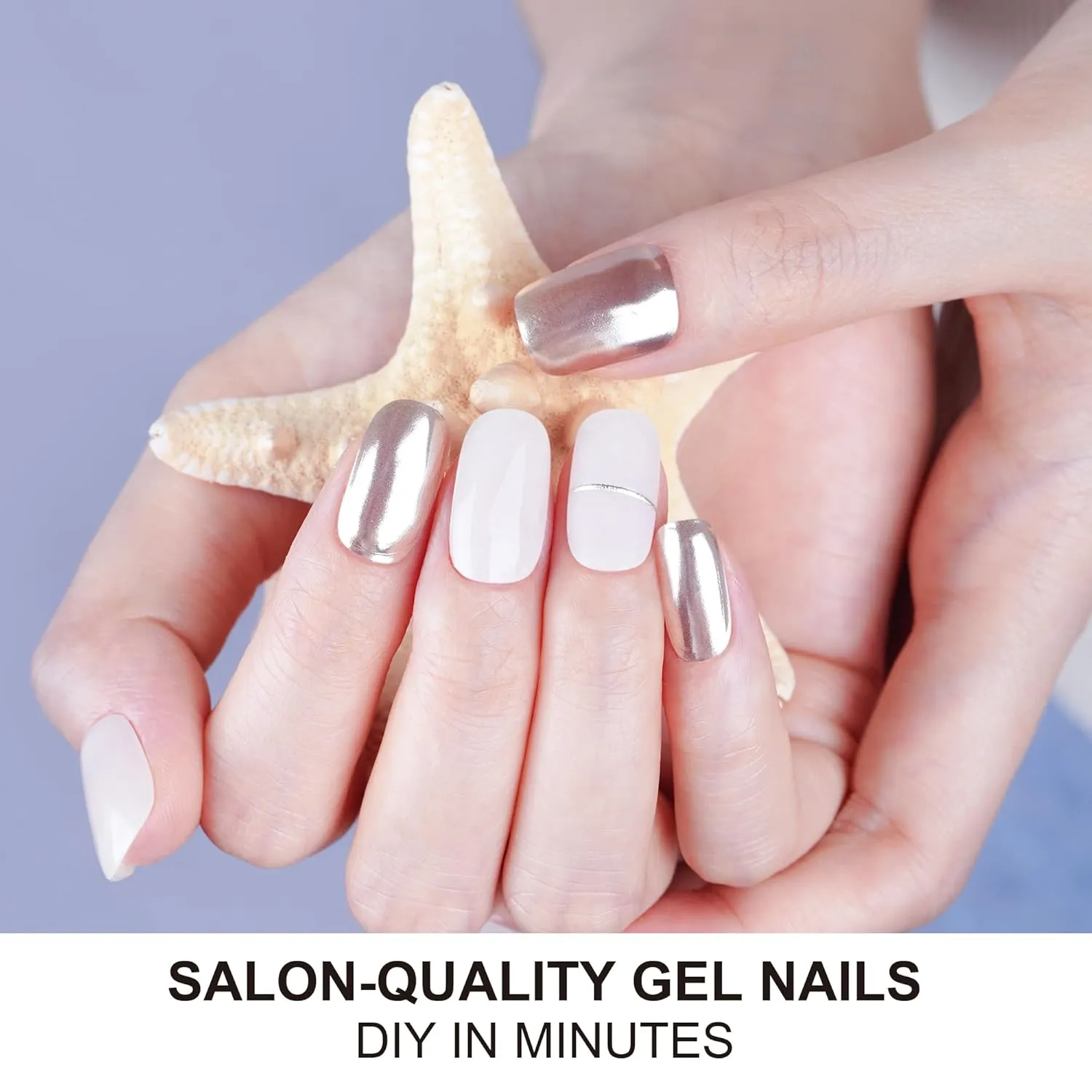 DANNI & TONI Semi Cured Gel Nail Strips Beige (Nude Glow) Gold Mirror Gel Nail Wraps Accent Nails 28 Stickers