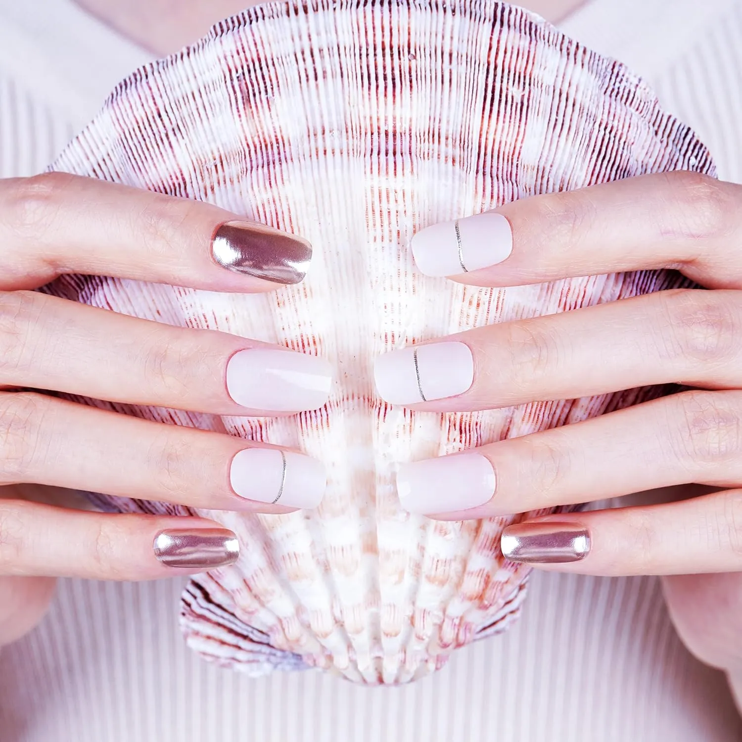 DANNI & TONI Semi Cured Gel Nail Strips Beige (Nude Glow) Gold Mirror Gel Nail Wraps Accent Nails 28 Stickers