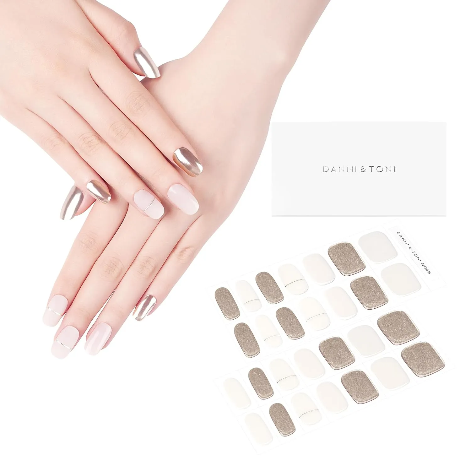 DANNI & TONI Semi Cured Gel Nail Strips Beige (Nude Glow) Gold Mirror Gel Nail Wraps Accent Nails 28 Stickers