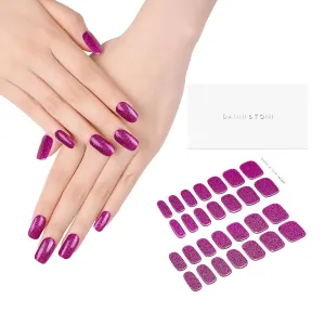 DANNI & TONI Semi Cured Gel Nail Strips - Purple (Royal Sparkle) Cat Eye Magenta Gel Nail Stickers - 28 Stickers