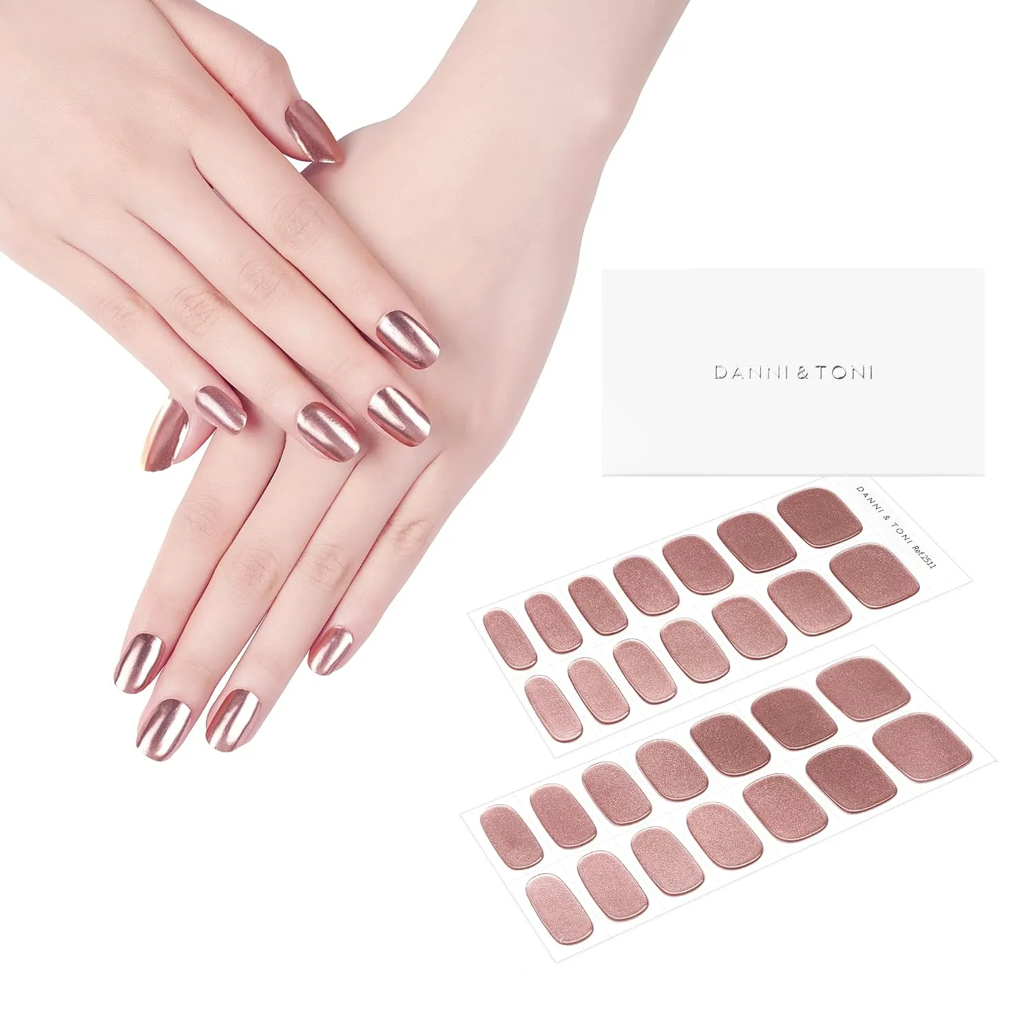 DANNI & TONI Semi Cured Gel Nail Strips Rose Gold (Bronze Goddess) Mirror Glaze Nail Wraps 28 Stickers