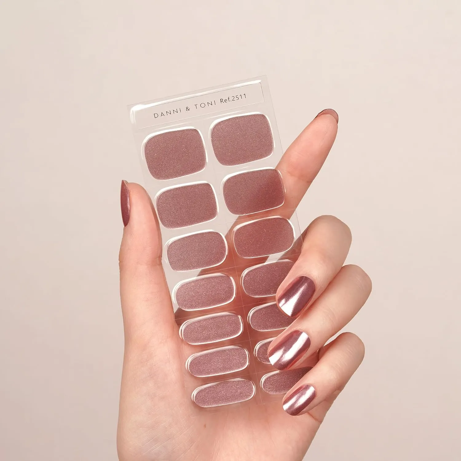DANNI & TONI Semi Cured Gel Nail Strips Rose Gold (Bronze Goddess) Mirror Glaze Nail Wraps 28 Stickers