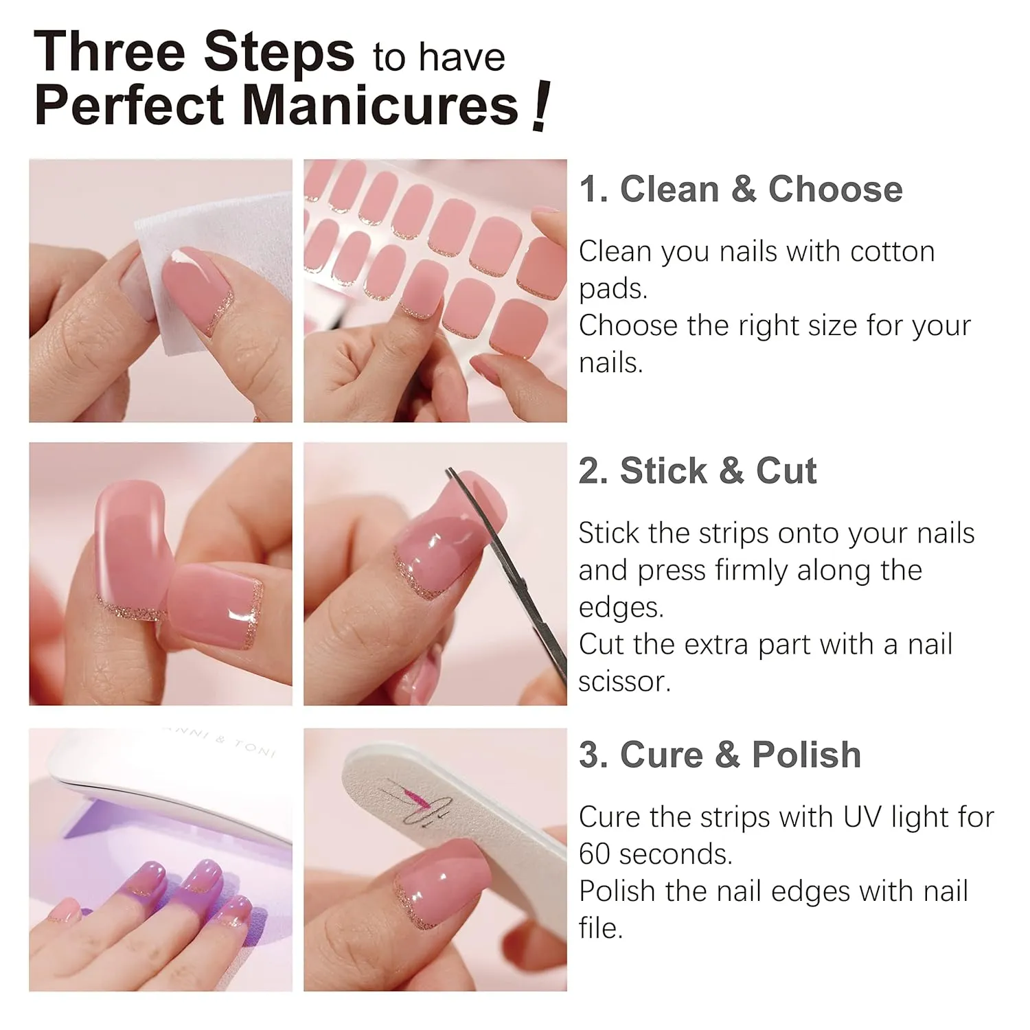 DANNI & TONI Semi Cured Gel Nail Strips (Sweet Pink) Gel Nail Wraps Solid Color 28 Stickers