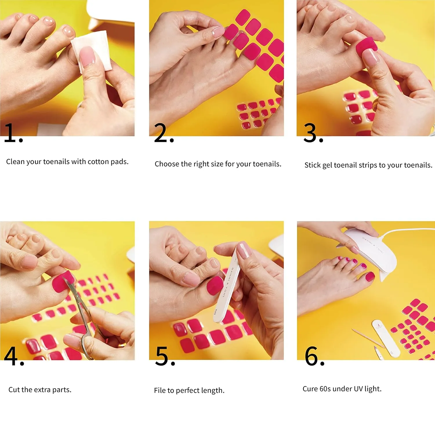 DANNI & TONI Semi Cured Gel Toenail Strips (Hot Pink) Bright Pink Gel Toenail Stickers Summer Pedi 37 Stickers