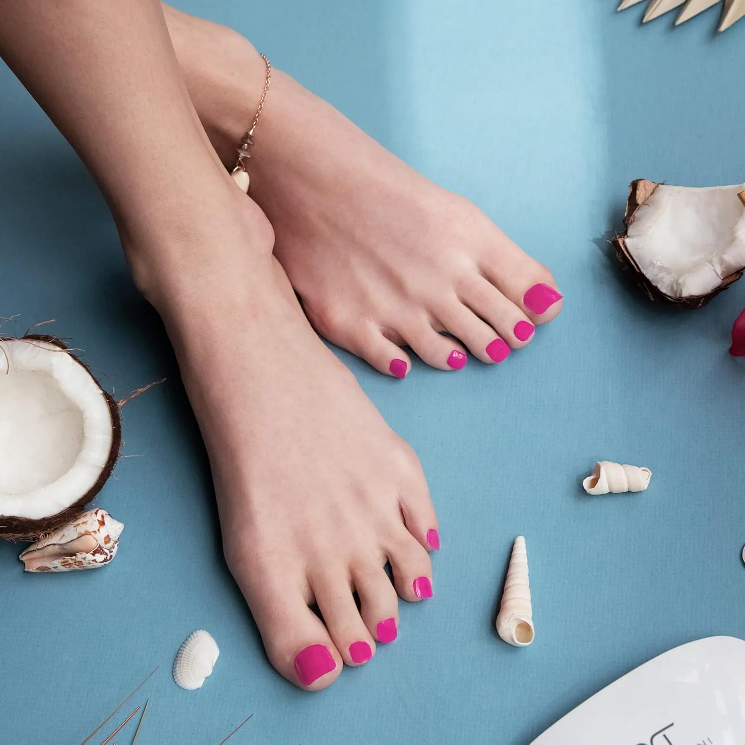 DANNI & TONI Semi Cured Gel Toenail Strips (Miss Fairy) Fushcia Gel Toenail Stickers Solid Color Glaze Wraps 37 Stickers