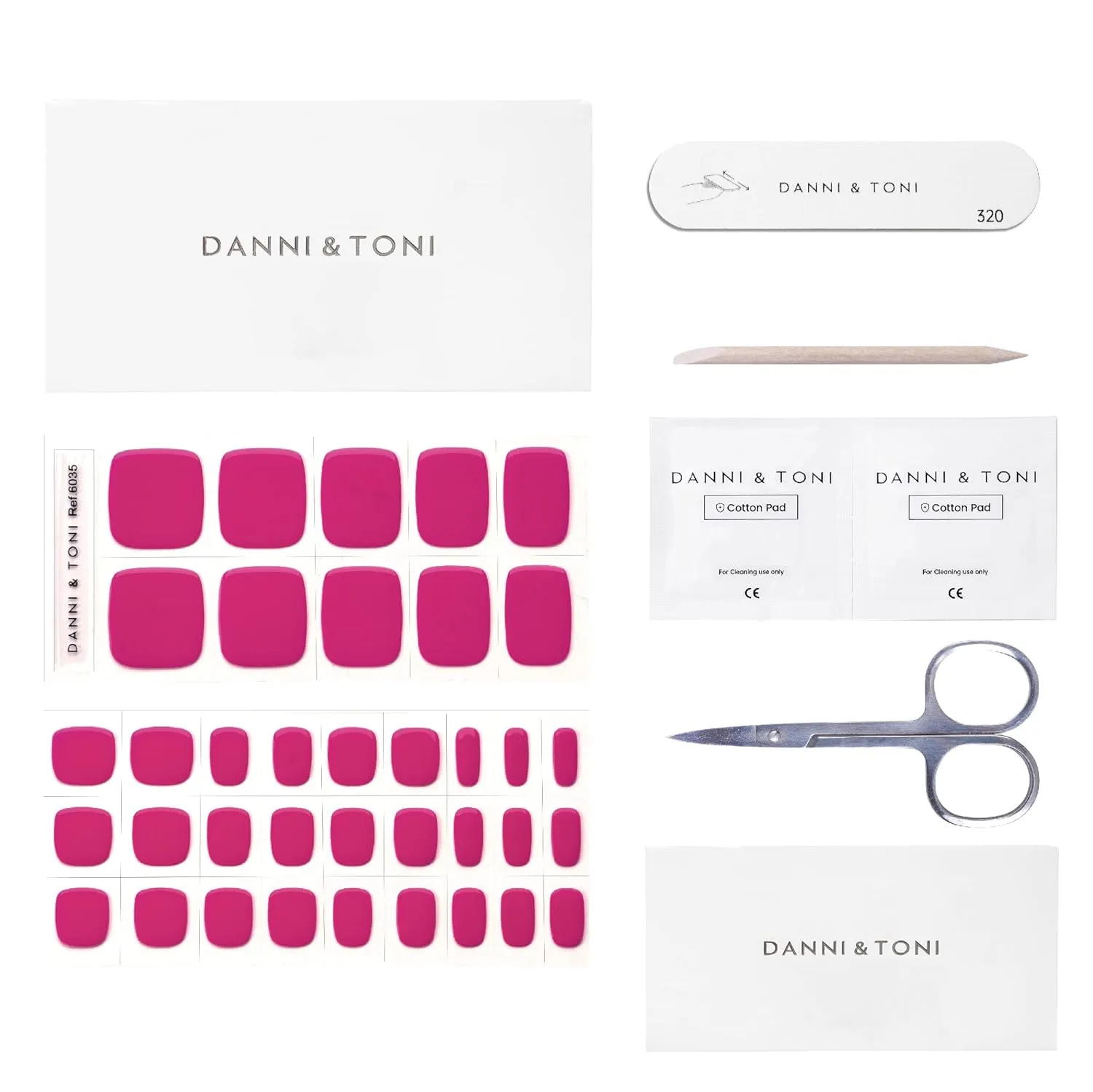 DANNI & TONI Semi Cured Gel Toenail Strips (Miss Fairy) Fushcia Gel Toenail Stickers Solid Color Glaze Wraps 37 Stickers