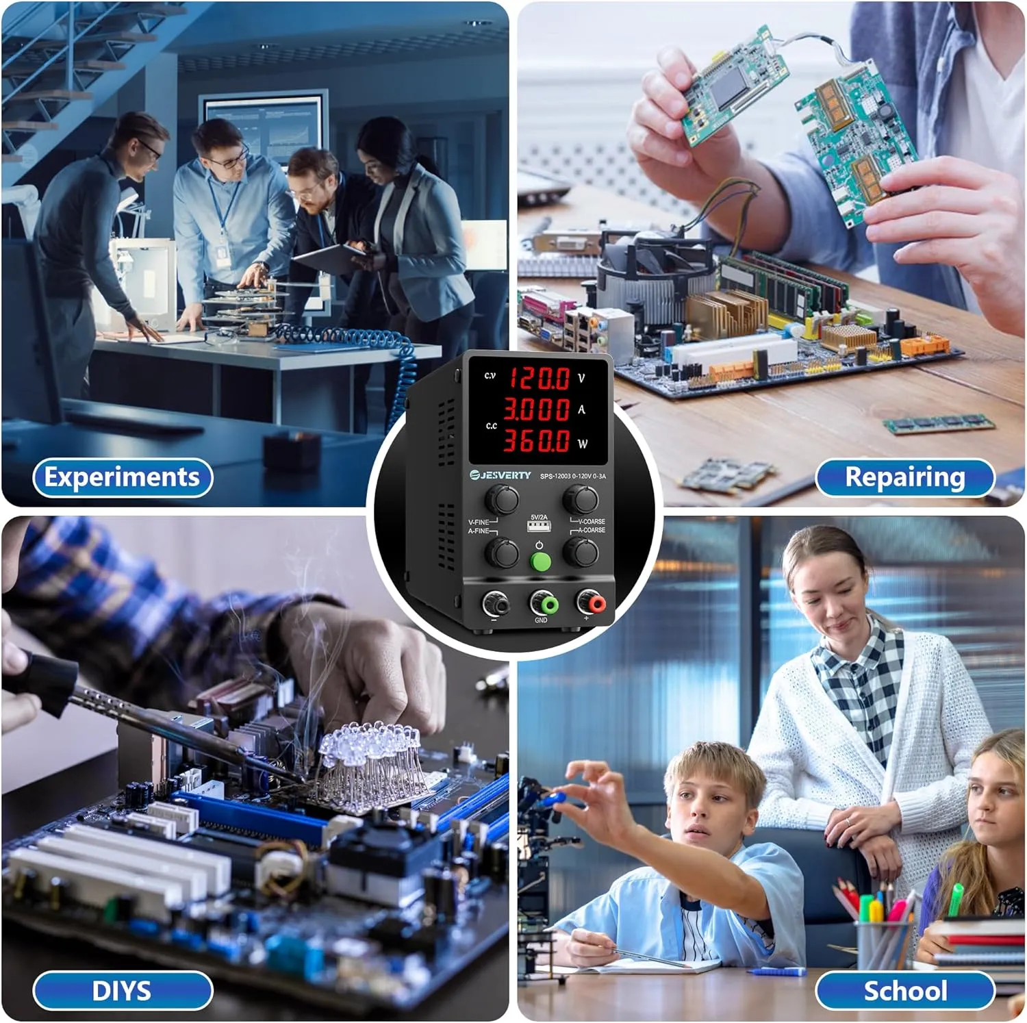 DC Power Supply Variable, 0-120V 0-3A Adjustable Switching DC Regulated Bench Power Supply with High Precision 4-Digit LED Display, 5V/2A USB Port, Coarse and Fine Adjustment SPS-12003