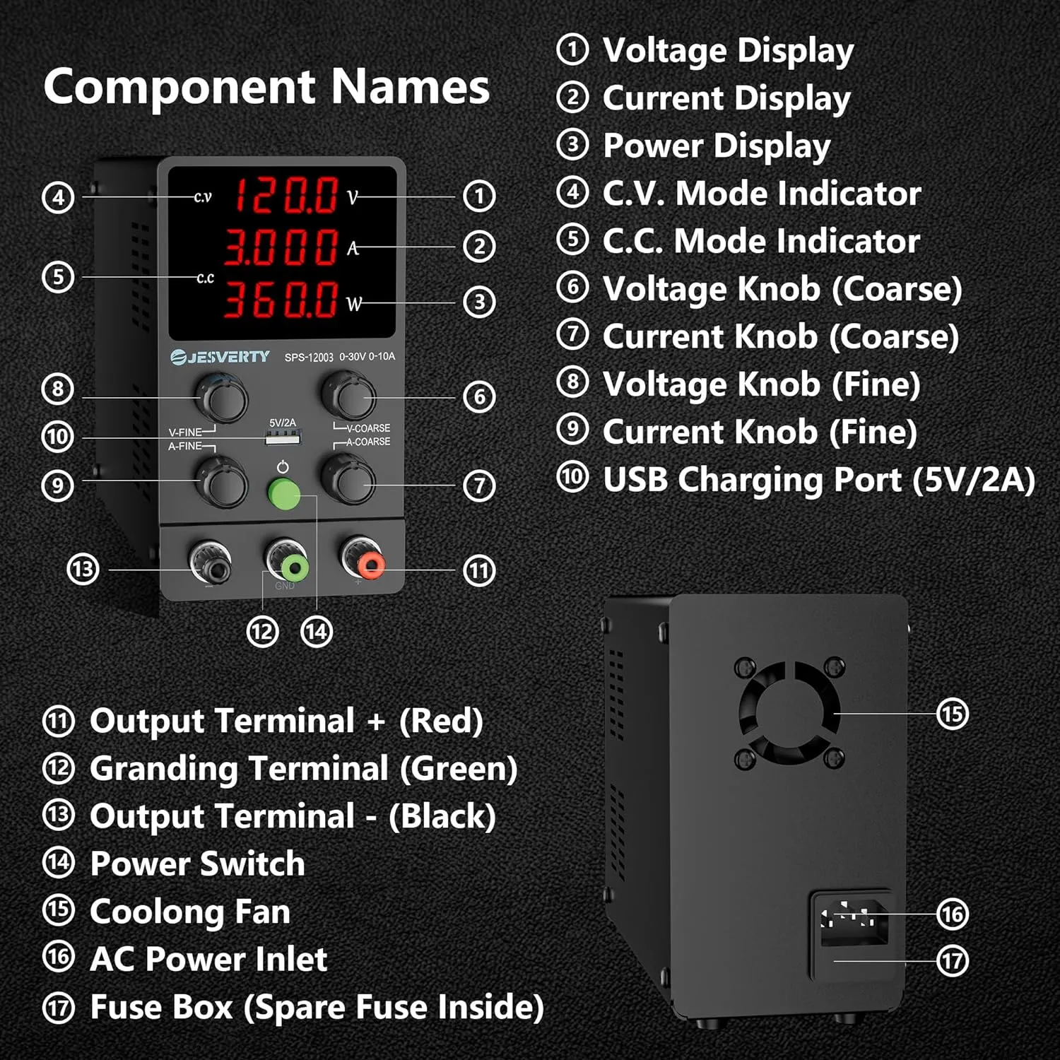 DC Power Supply Variable, 0-120V 0-3A Adjustable Switching DC Regulated Bench Power Supply with High Precision 4-Digit LED Display, 5V/2A USB Port, Coarse and Fine Adjustment SPS-12003