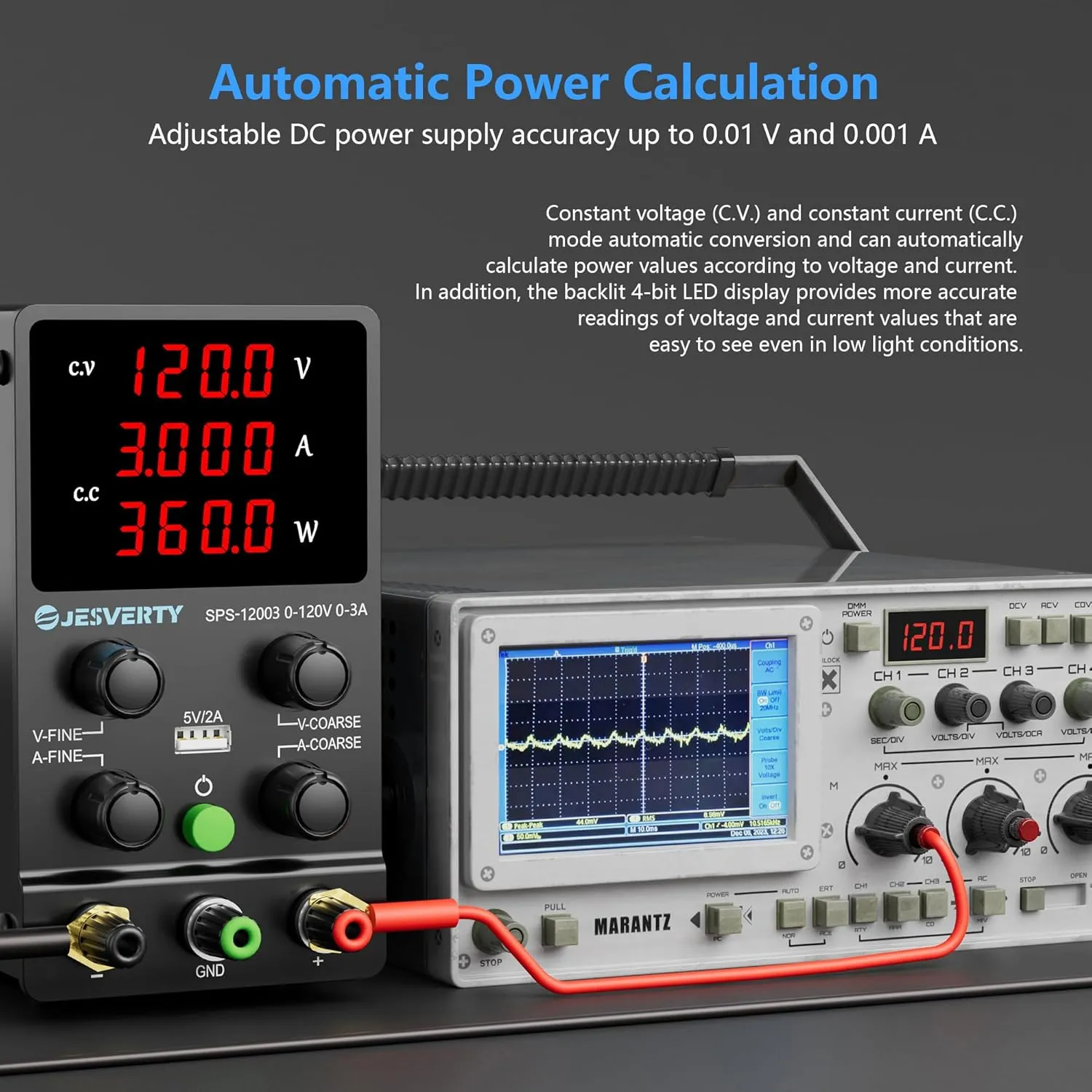 DC Power Supply Variable, 0-120V 0-3A Adjustable Switching DC Regulated Bench Power Supply with High Precision 4-Digit LED Display, 5V/2A USB Port, Coarse and Fine Adjustment SPS-12003