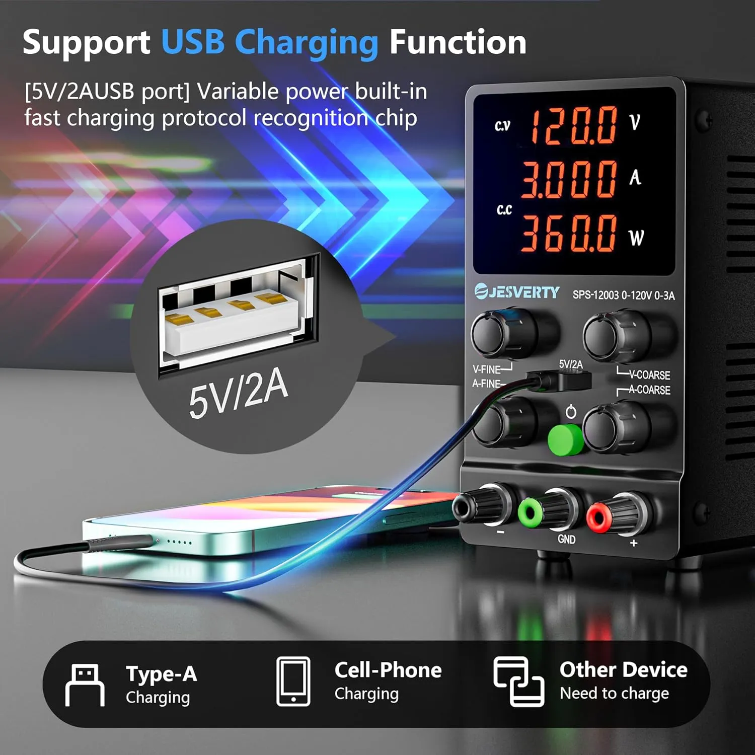 DC Power Supply Variable, 0-120V 0-3A Adjustable Switching DC Regulated Bench Power Supply with High Precision 4-Digit LED Display, 5V/2A USB Port, Coarse and Fine Adjustment SPS-12003