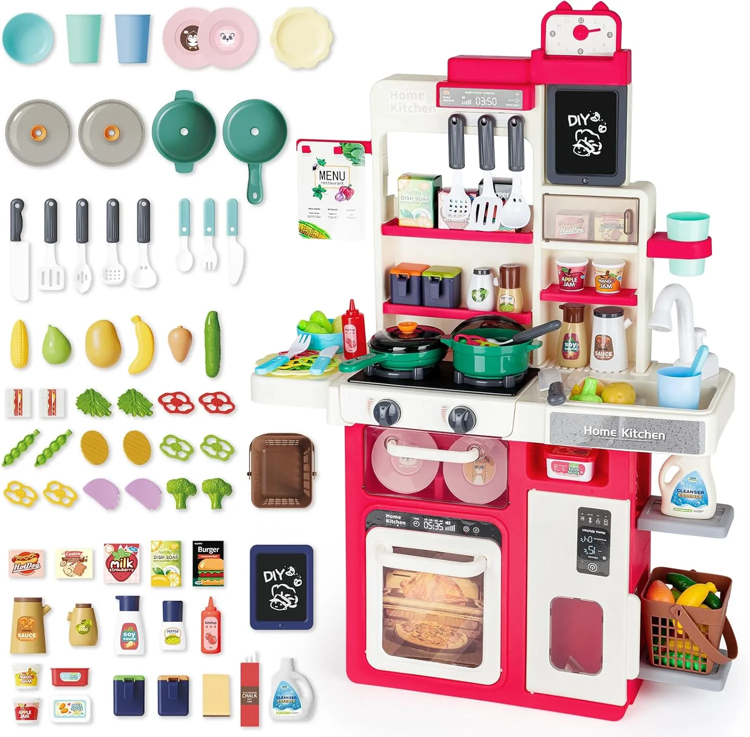 deAO Kids Kitchen Playset Pretend Play Kitchen Toy with Sounds, Lights, Cooking Stove & Play Sink Toy Kitchen with Accessories & Play Food for Toddlers 3  Years Old (RED)
