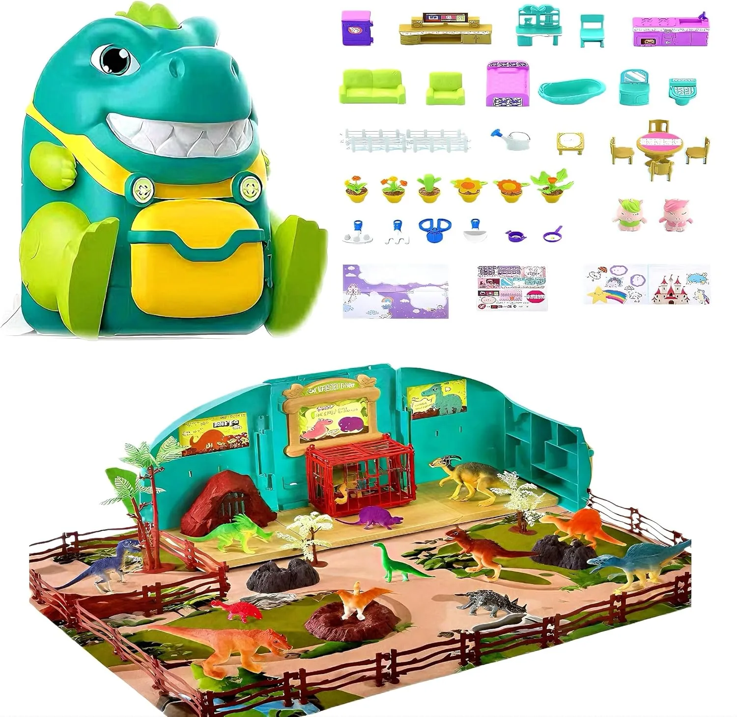 Dinosaur Themed Simulation Compact Playset Toy Set,Equipped with Lighting and Sound Effects, Featuring 15 Dinosaur Dolls, 2 Image Dolls, Stickers, and Instructions, and Travel Toy Toys for Children