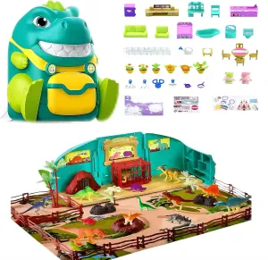Dinosaur Themed Simulation Compact Playset Toy Set,Equipped with Lighting and Sound Effects, Featuring 15 Dinosaur Dolls, 2 Image Dolls, Stickers, and Instructions, and Travel Toy Toys for Children