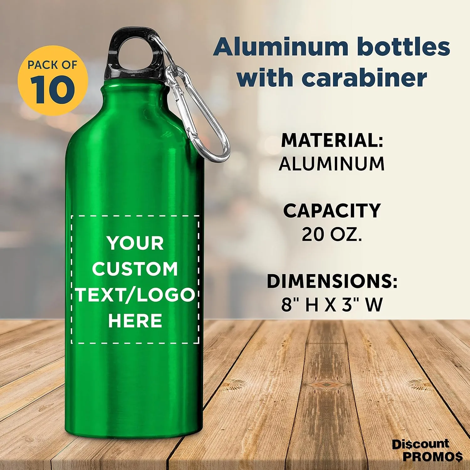 DISCOUNT PROMOS Custom Aluminum Water Bottles 20 oz. Set of 10, Personalized Bulk Pack - Perfect for Gym, Hiking, Any Indoor/Outdoor Activities - Green