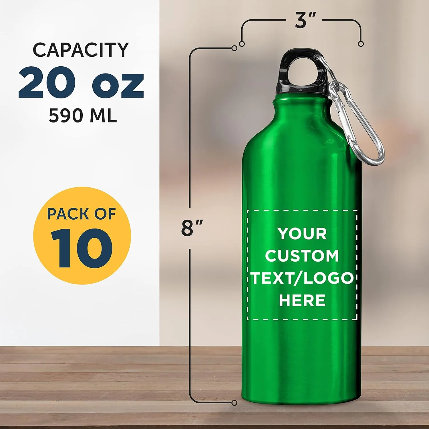DISCOUNT PROMOS Custom Aluminum Water Bottles 20 oz. Set of 10, Personalized Bulk Pack - Perfect for Gym, Hiking, Any Indoor/Outdoor Activities - Green