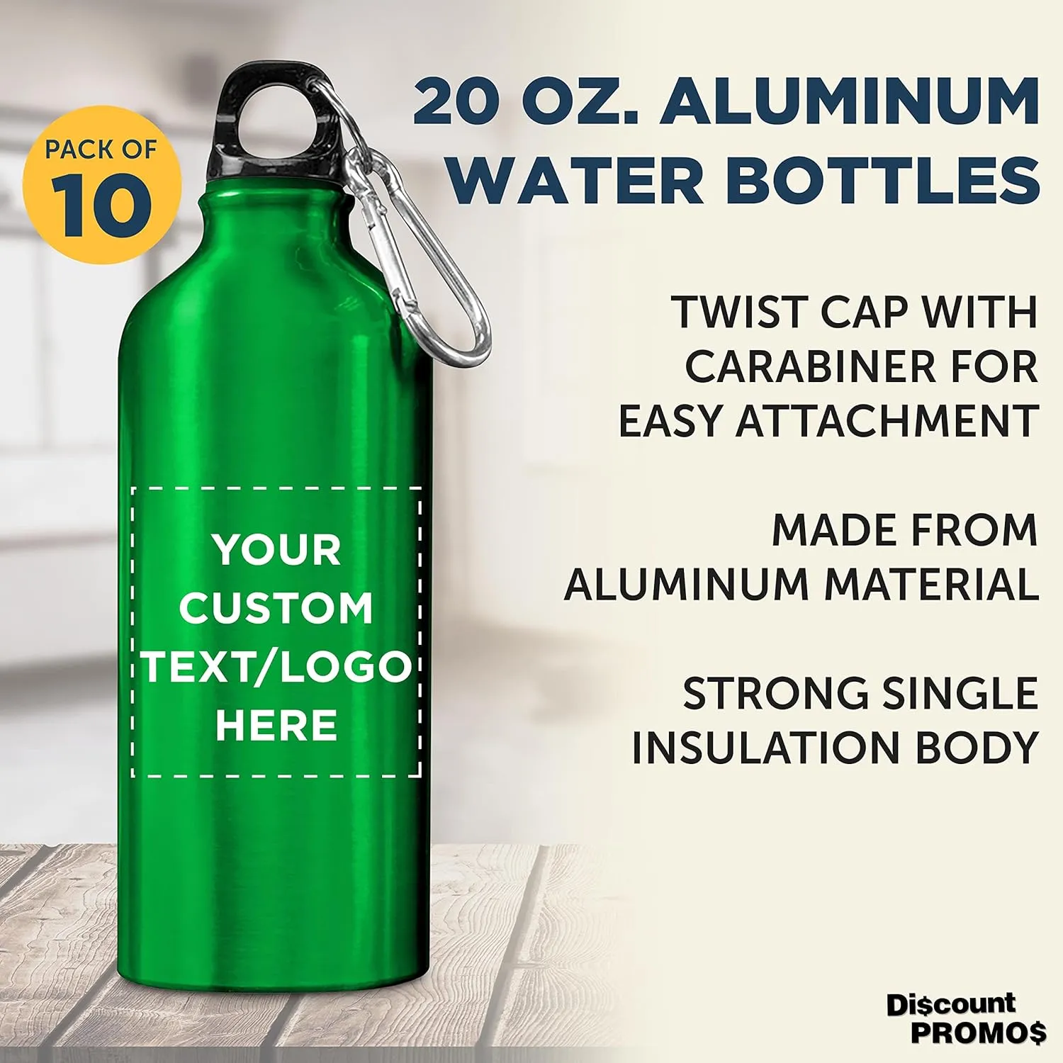 DISCOUNT PROMOS Custom Aluminum Water Bottles 20 oz. Set of 10, Personalized Bulk Pack - Perfect for Gym, Hiking, Any Indoor/Outdoor Activities - Green