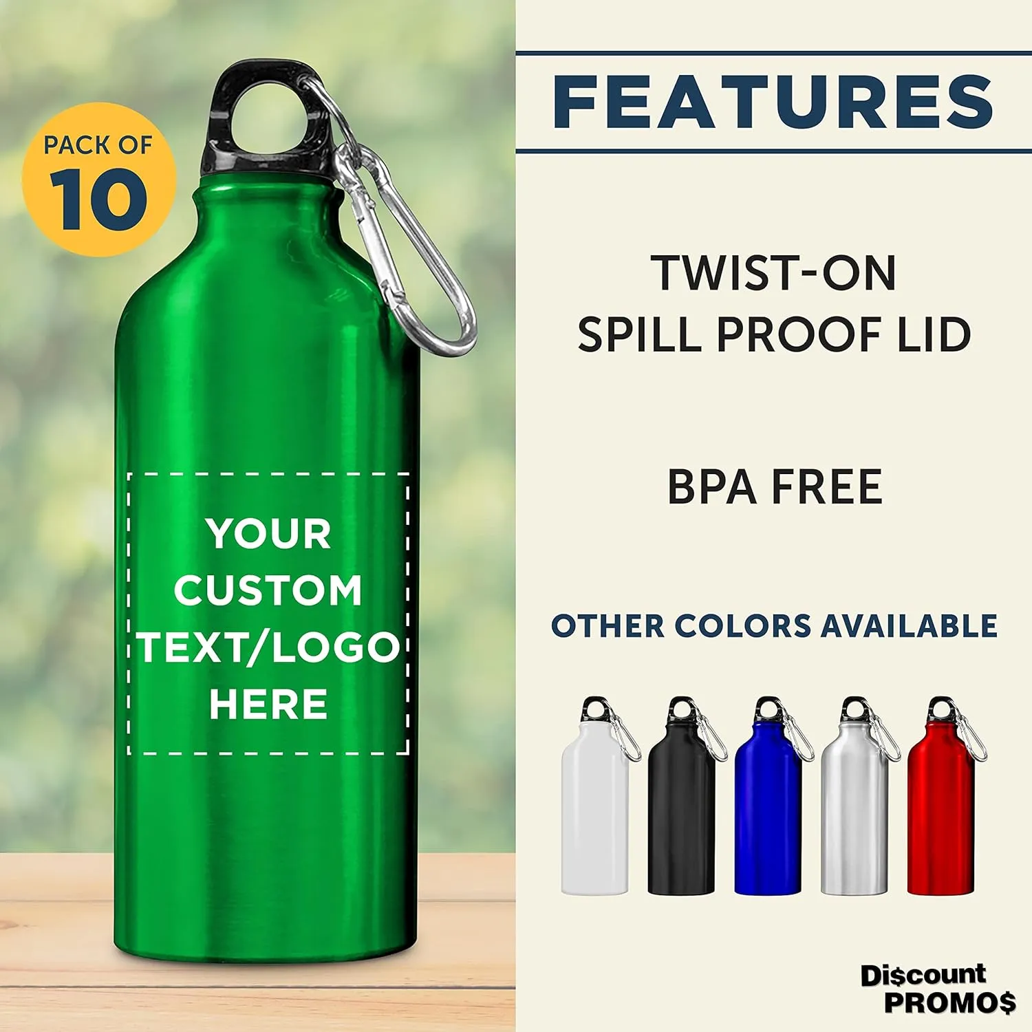DISCOUNT PROMOS Custom Aluminum Water Bottles 20 oz. Set of 10, Personalized Bulk Pack - Perfect for Gym, Hiking, Any Indoor/Outdoor Activities - Green