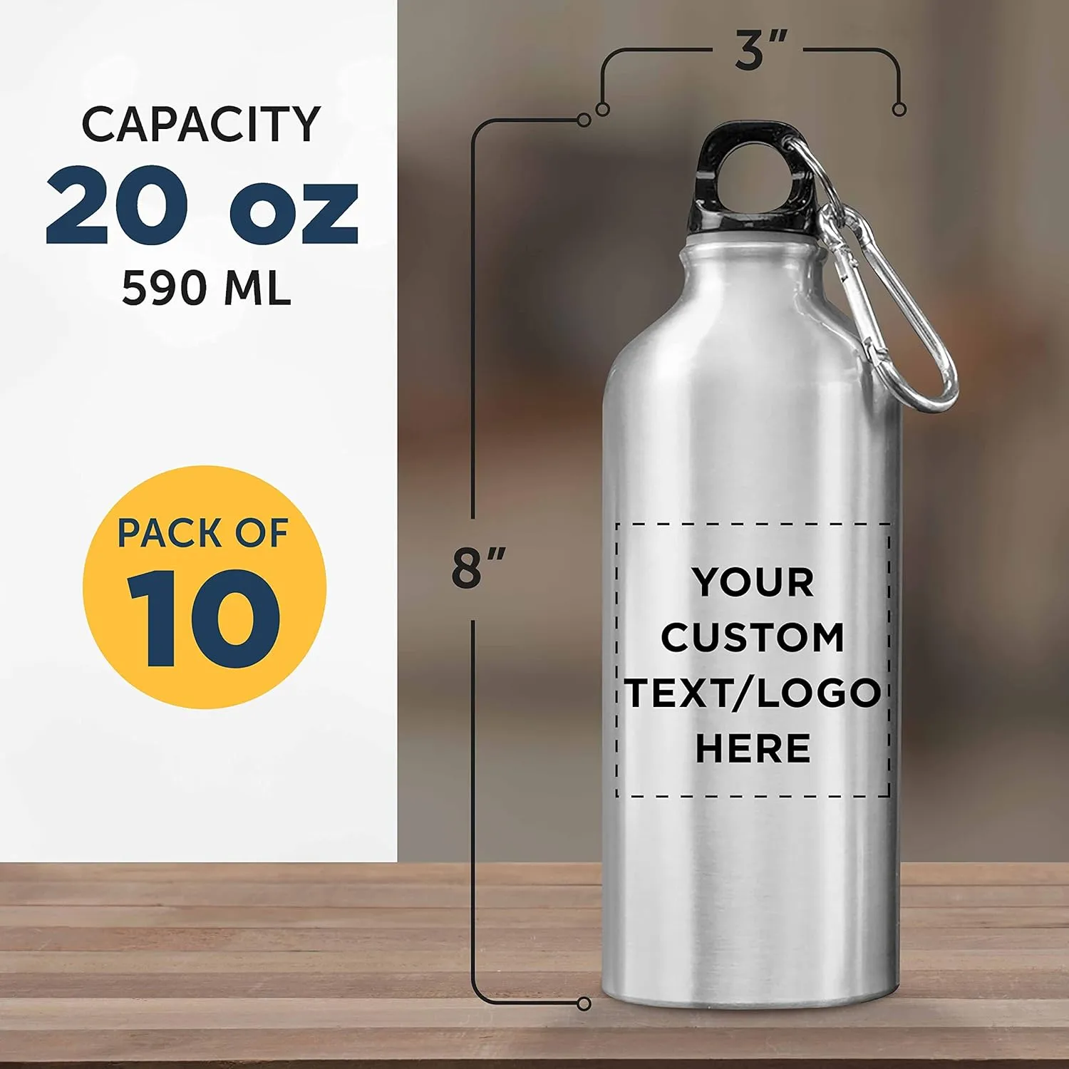 DISCOUNT PROMOS Custom Aluminum Water Bottles 20 oz. Set of 10, Personalized Bulk Pack - Perfect for Gym, Hiking, Any Indoor/Outdoor Activities - Silver