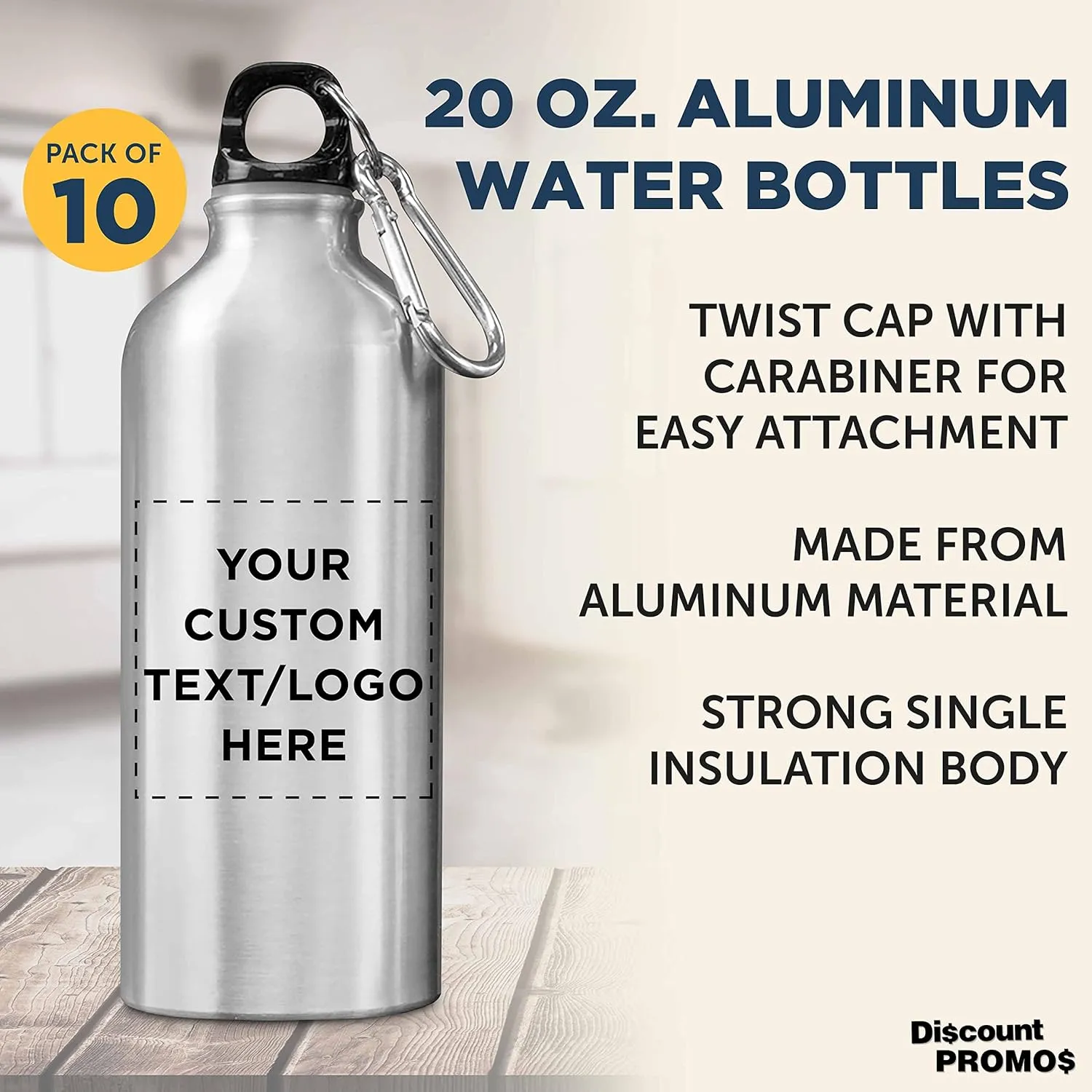 DISCOUNT PROMOS Custom Aluminum Water Bottles 20 oz. Set of 10, Personalized Bulk Pack - Perfect for Gym, Hiking, Any Indoor/Outdoor Activities - Silver