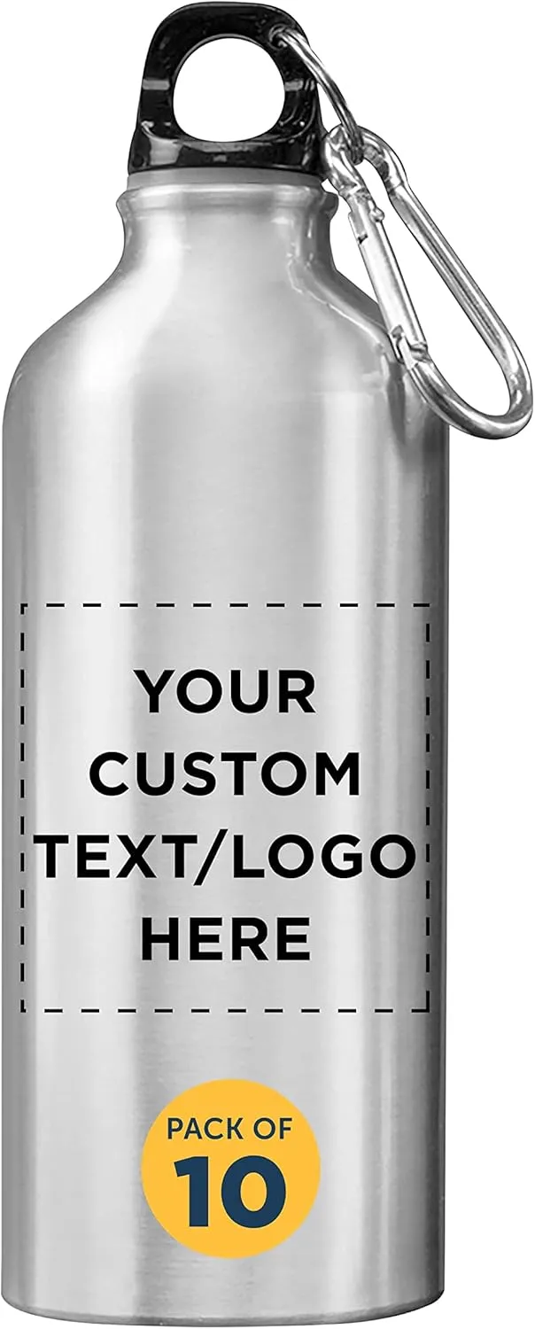 DISCOUNT PROMOS Custom Aluminum Water Bottles 20 oz. Set of 10, Personalized Bulk Pack - Perfect for Gym, Hiking, Any Indoor/Outdoor Activities - Silver
