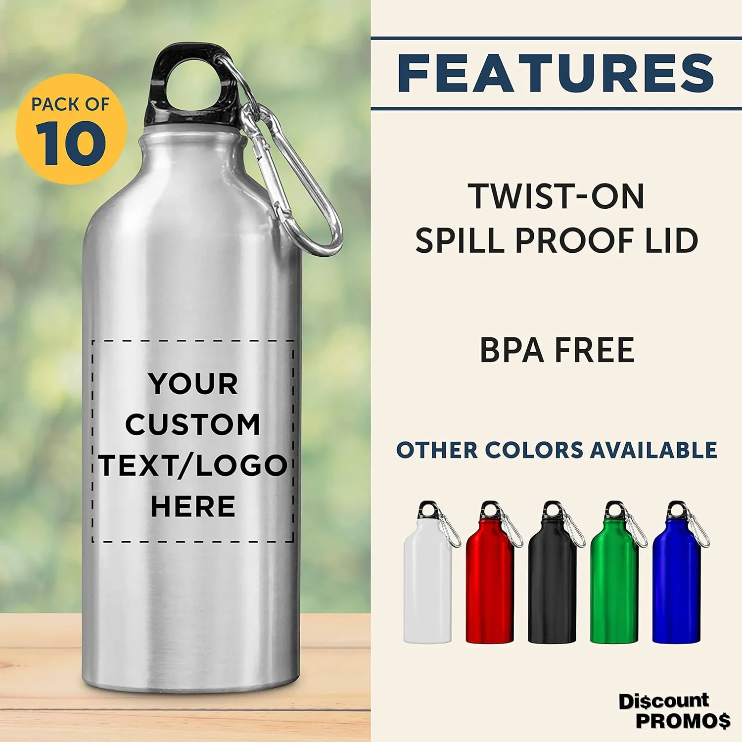 DISCOUNT PROMOS Custom Aluminum Water Bottles 20 oz. Set of 10, Personalized Bulk Pack - Perfect for Gym, Hiking, Any Indoor/Outdoor Activities - Silver