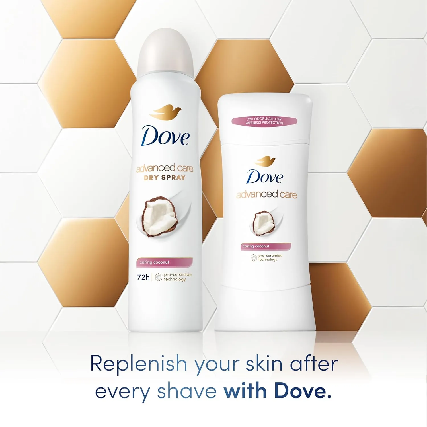 Dove Advanced Care Antiperspirant Deodorant Stick Caring Coconut 4 ct for helping your skin barrier repair after shaving 72-hour odor control and sweat protection with Pro-Ceramide Technology 2.6 oz